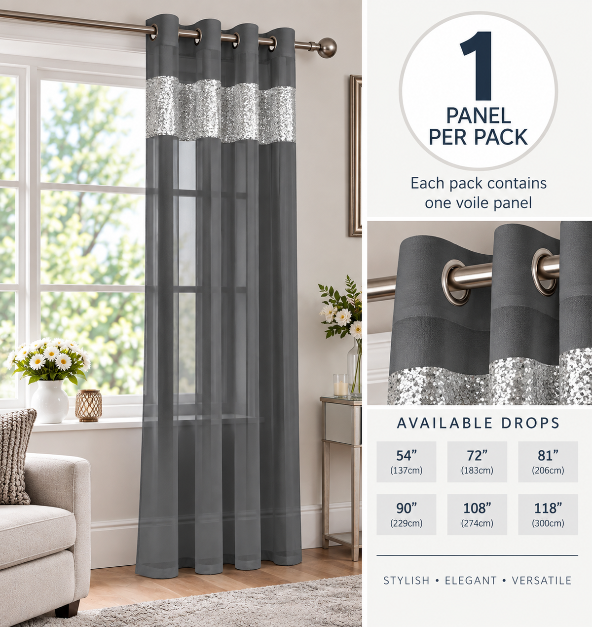 Sparkle Sequin Eyelet Voile Panel (Grey)