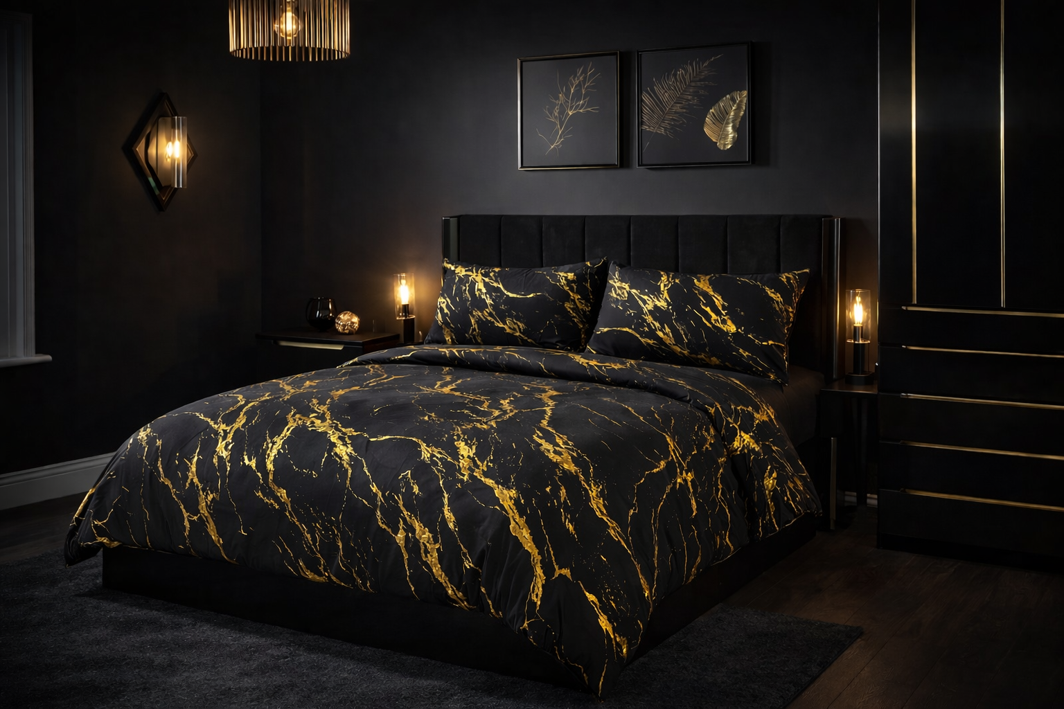 Elyse Duvet Cover Set Black With Gold Marble Foil Luxury Bedding Quilt Set (Black/Gold)