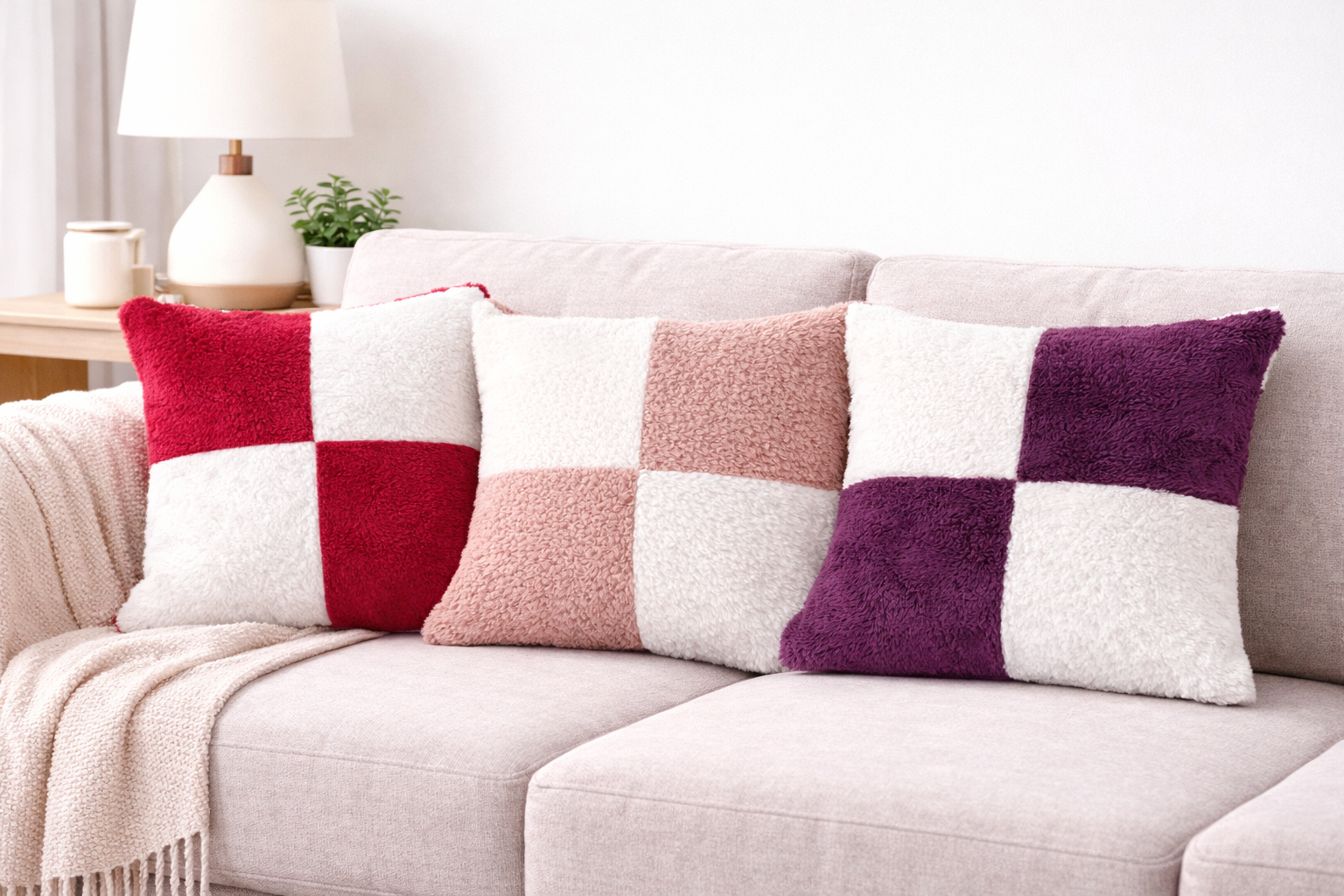 Teddy Fleece Square Check Cushion Covers (Multiple Colours, 45cm x 45cm)