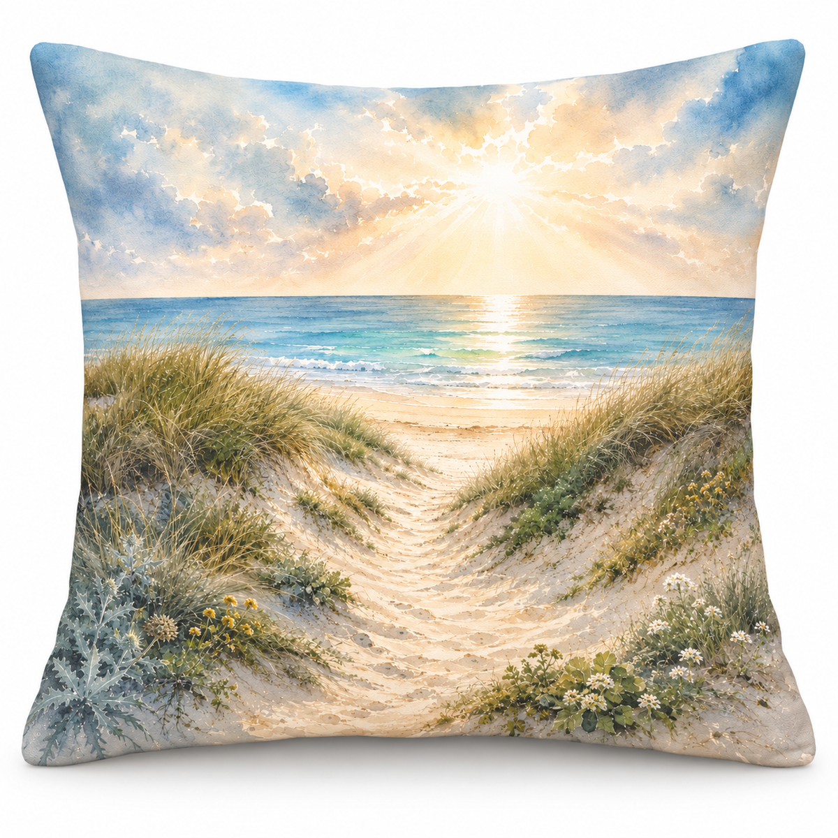 Beach Scene Print Cushion Cover – Coastal Sand Dunes & Sea Design – 18" × 18"