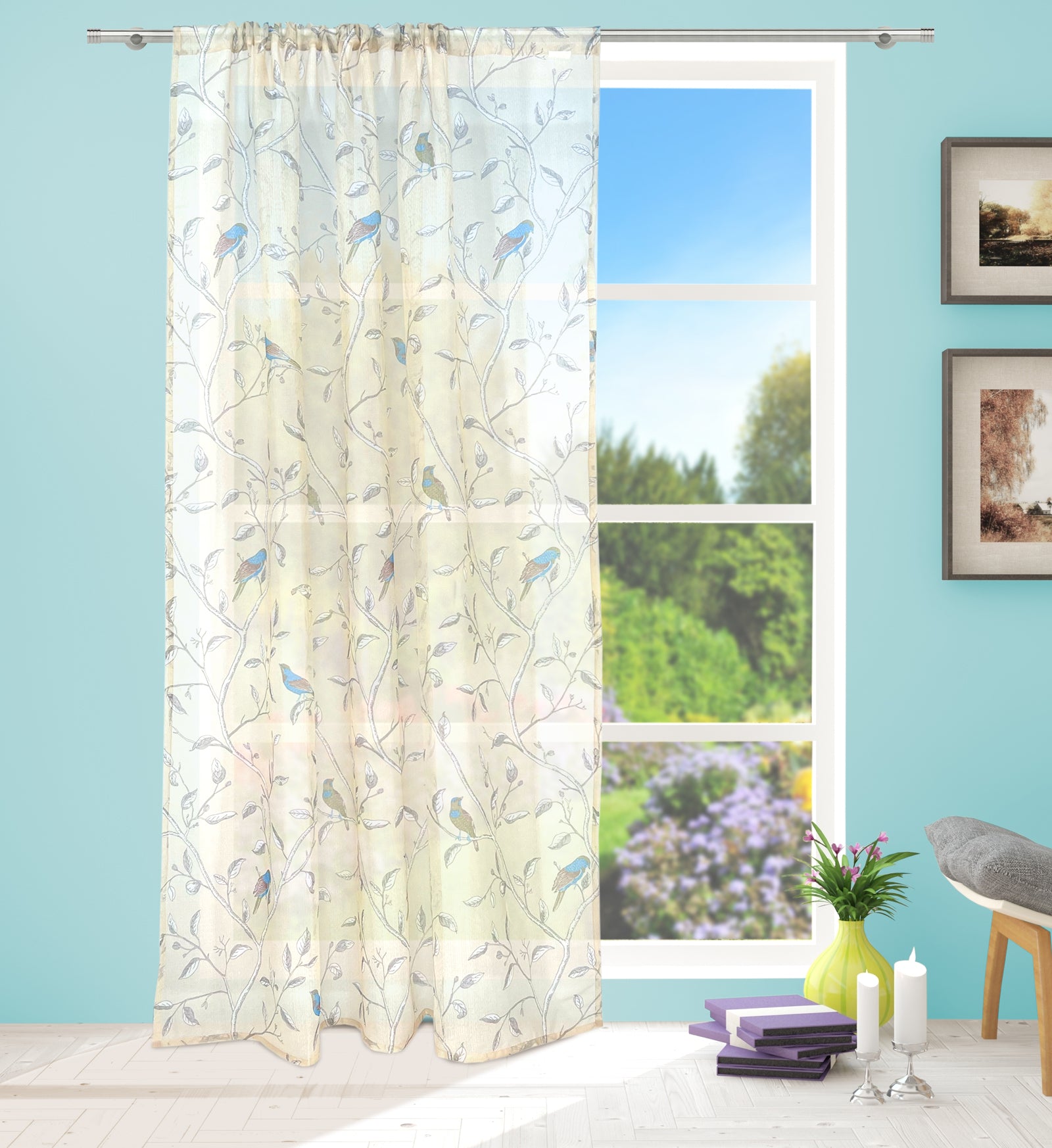 Bird Voile Panel With Rod Slot (Natural)