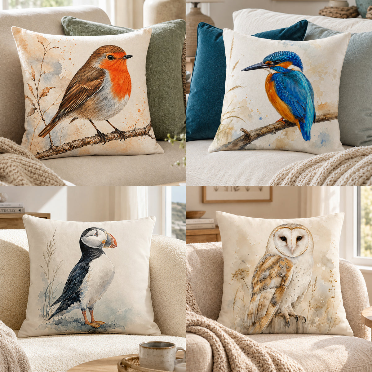 Barn Owl Print Cushion Cover – Watercolour - Style Wildlife Design – Cream & Golden Brown – 18" × 18"