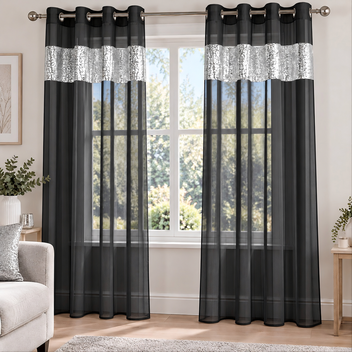 Sparkle Sequin Eyelet Voile Panel (Black)