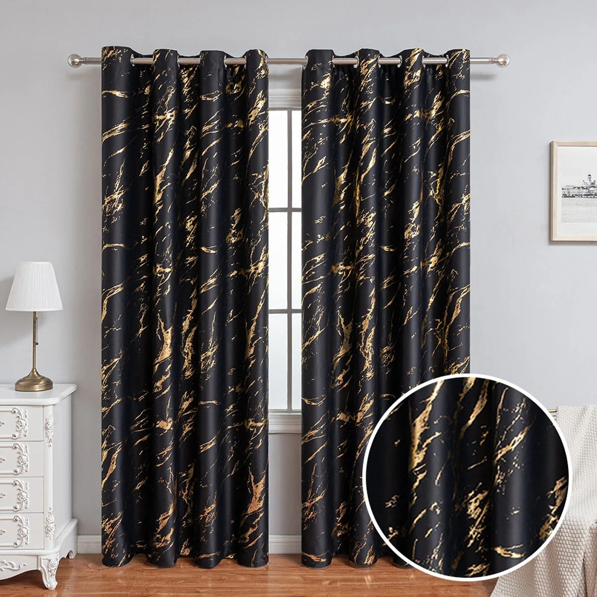 Elyse Black Thermal Blackout Eyelet Curtains With Gold Foil (Black/Gold)