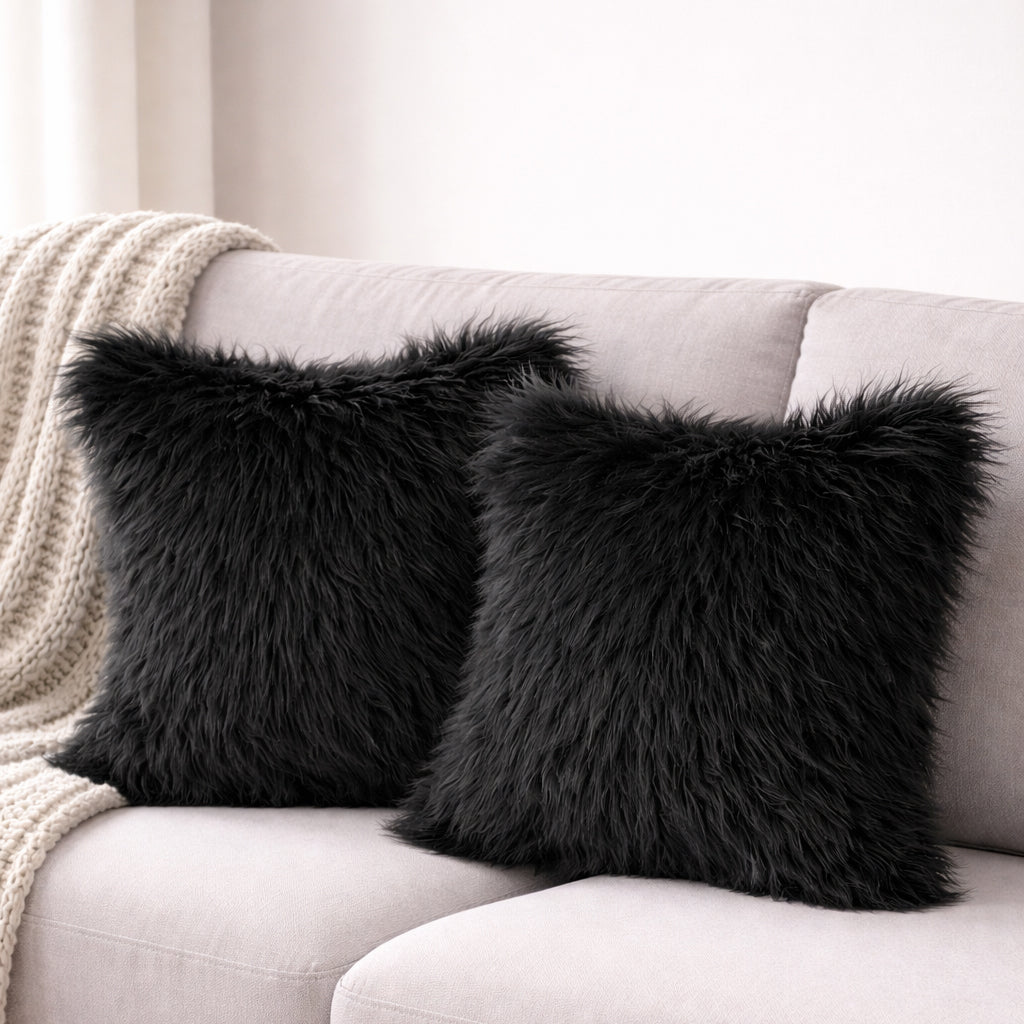 Set Of 2 Fluffy Faux Fur Shaggy Long Pile Decorative Pillow Cases (Multiple Colours, 45cm x 45cm)