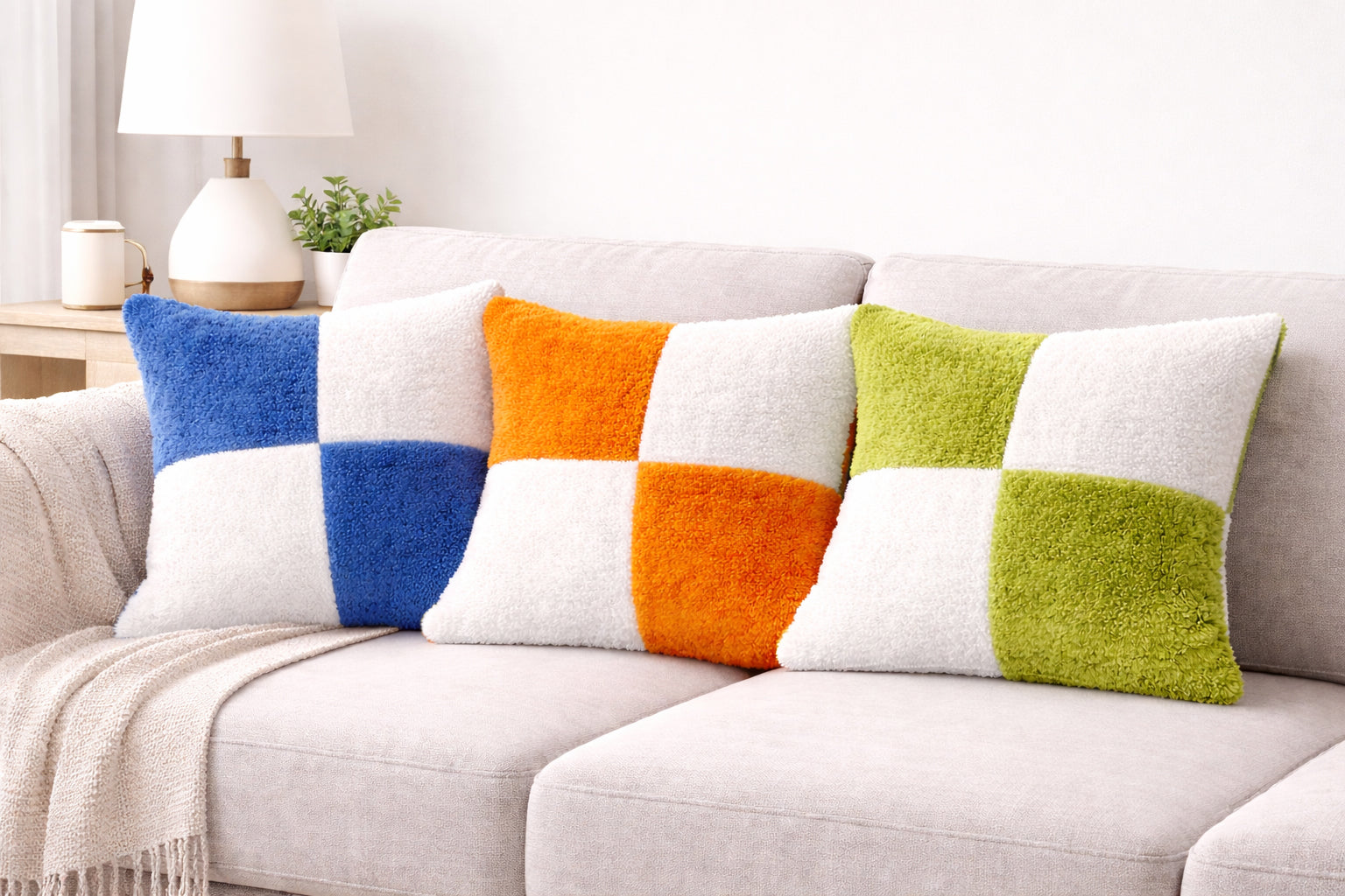 Teddy Fleece Square Check Cushion Covers (Multiple Colours, 45cm x 45cm)