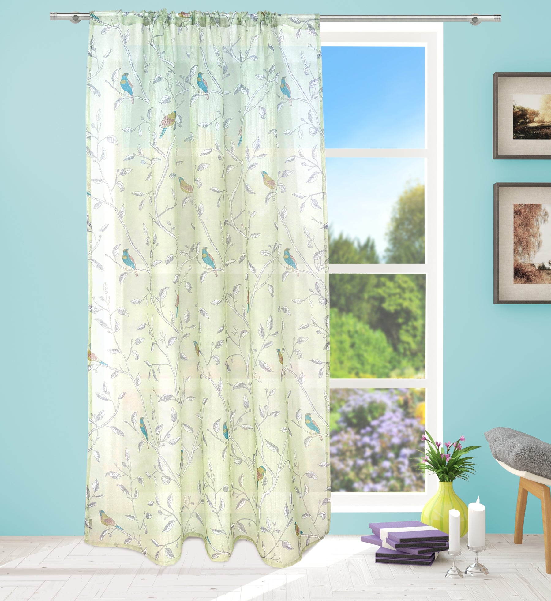 Bird Voile Panel With Rod Slot (Aqua Green)