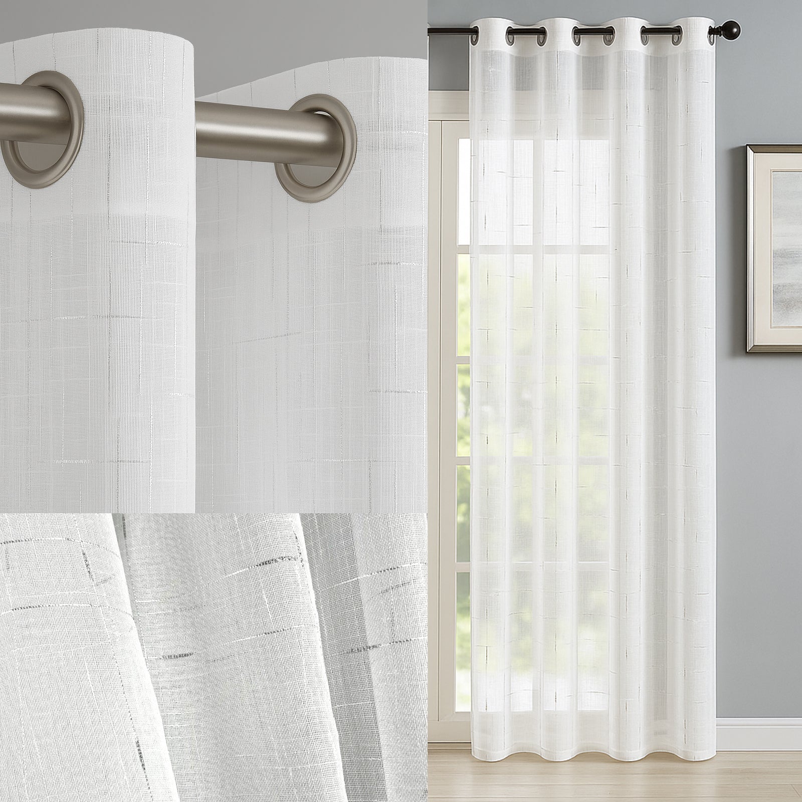 Celest Voile Eyelet Curtain Panel - Elegant Metallic Silver Threads (White)