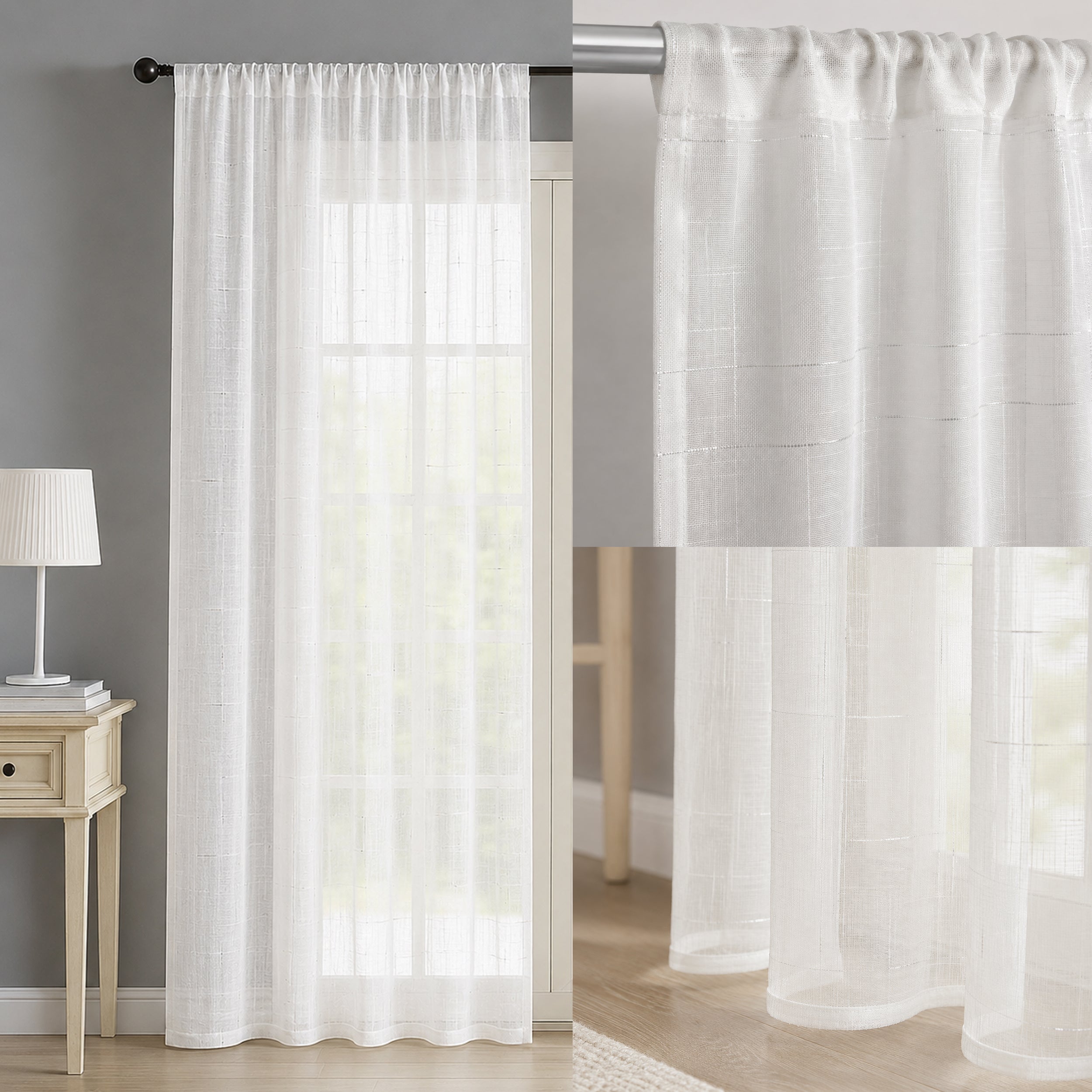 Celeste Voile Slot Top Curtain Panel - Elegant Metallic Silver Threads (White)