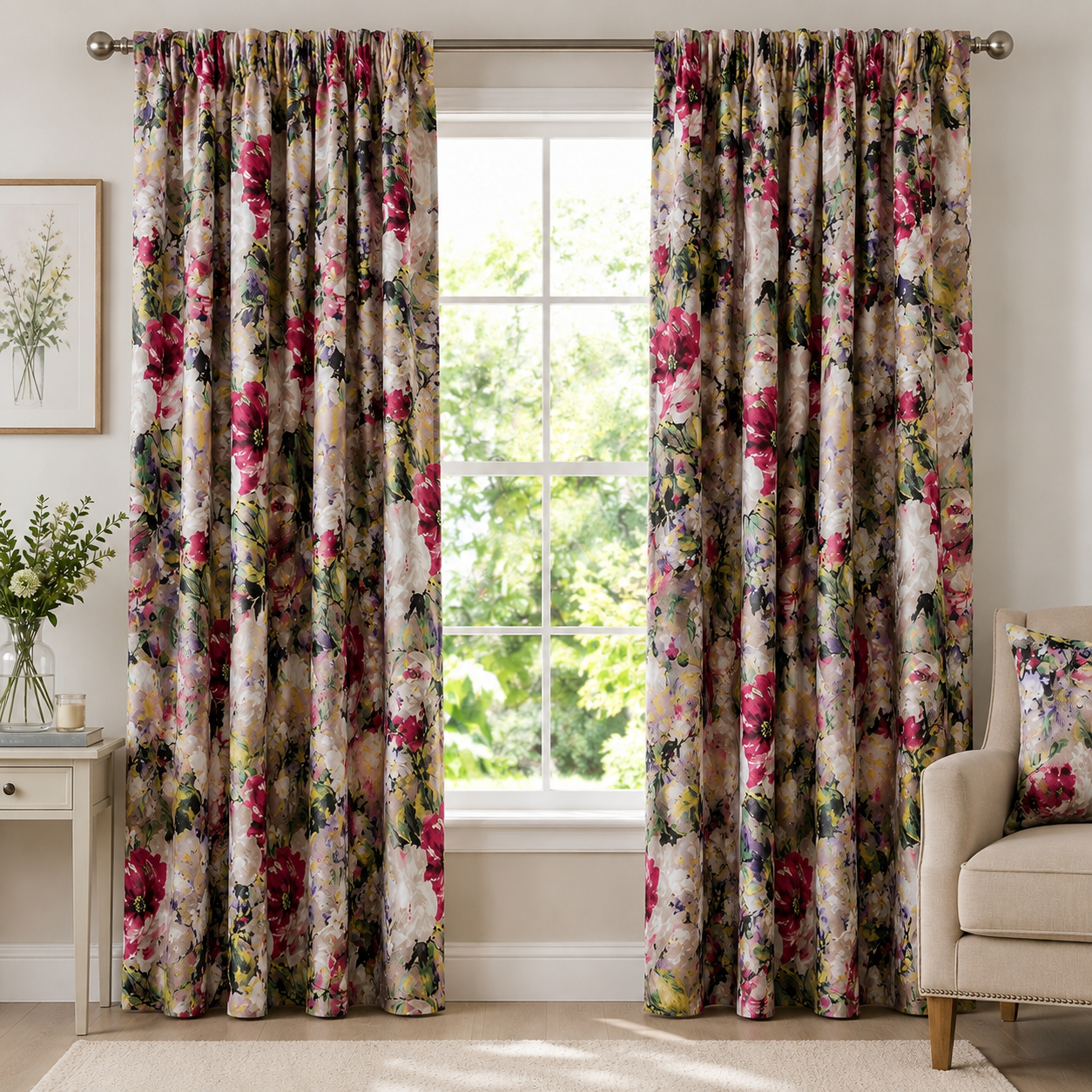 Florence Painterly Floral Thermal Blackout Pencil Pleat 3" Tape Curtains, Ready Made Energy-Saving Dimout Curtain Pair, Pink Burgundy Cream & Lilac, Multiple Sizes