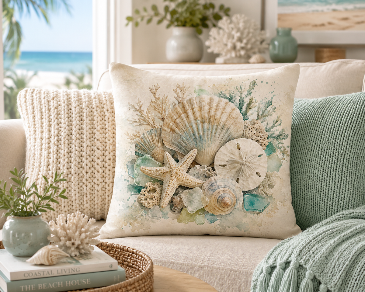 Coastal Shells Print Cushion Cover – Watercolour - Style Seashell & Starfish Design – Aqua & Cream – 18" × 18"