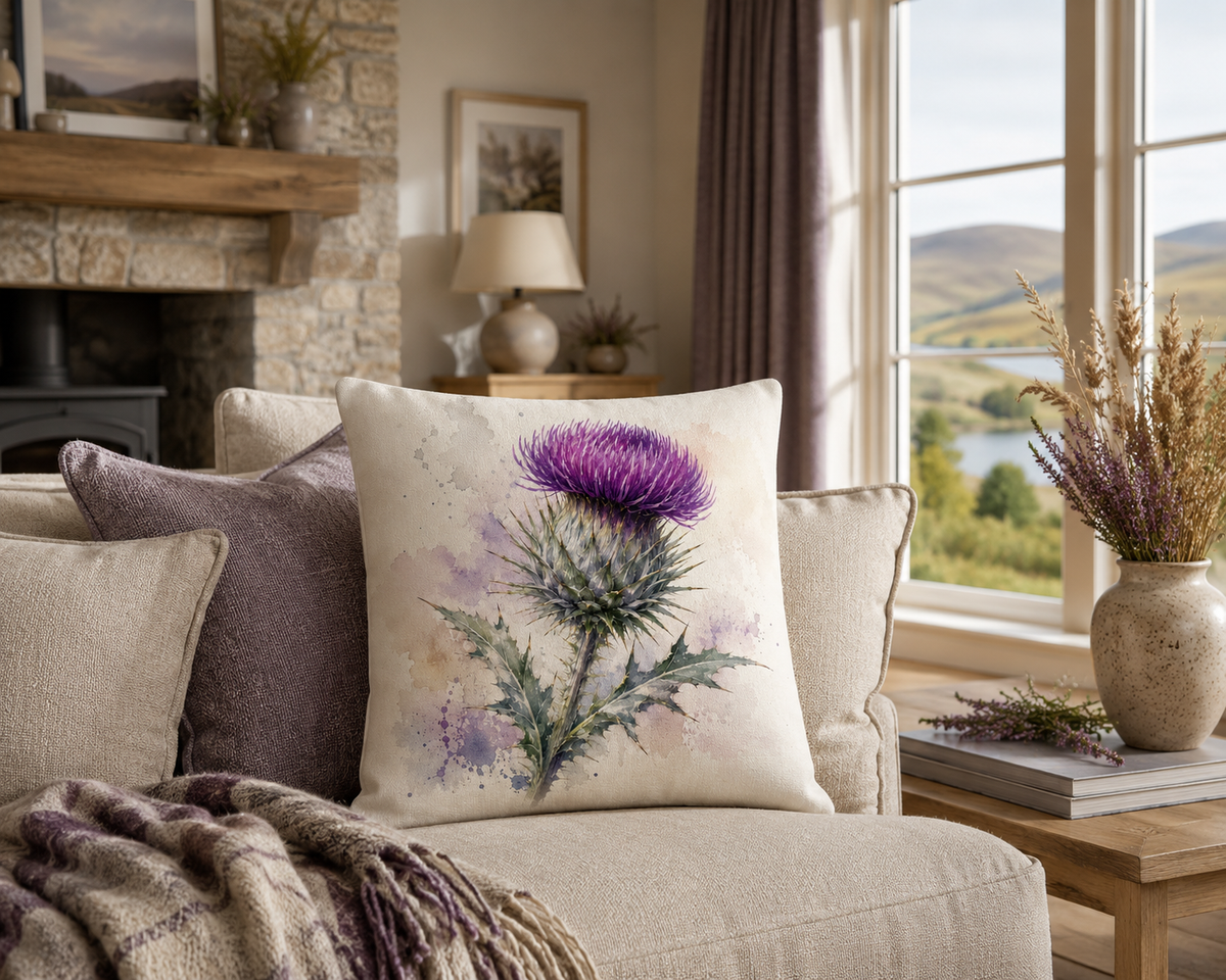 Thistle Print Cushion Cover – Watercolour - Style Botanical Design – Purple, Green & Cream – 18" × 18"