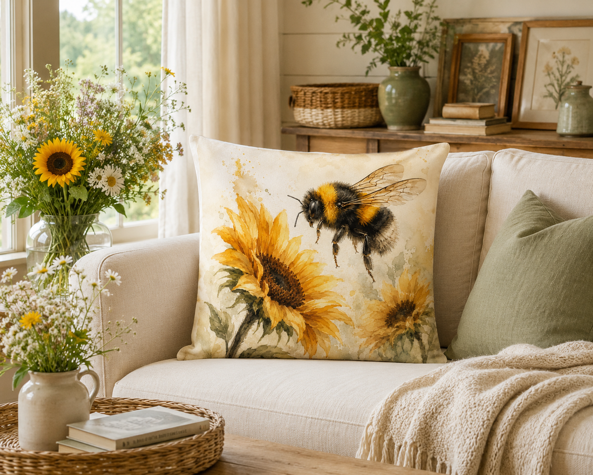 Bumblebee & Sunflower Print Cushion Cover – Watercolour - Style Floral Design – Yellow & Cream – 18" × 18"