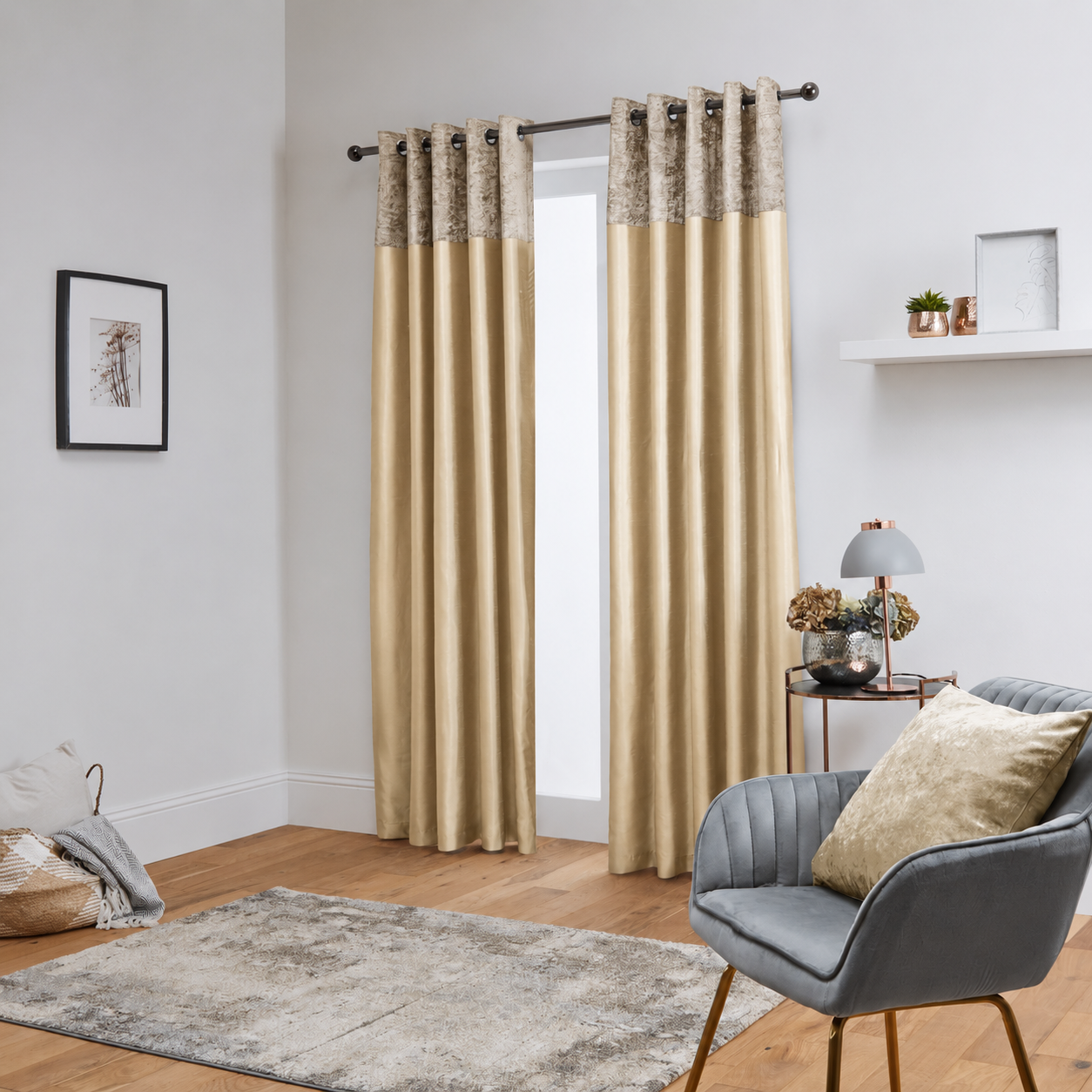 Chloe Crushed Velvet Band Fully Lined Faux Silk Eyelet Curtains (Cream)