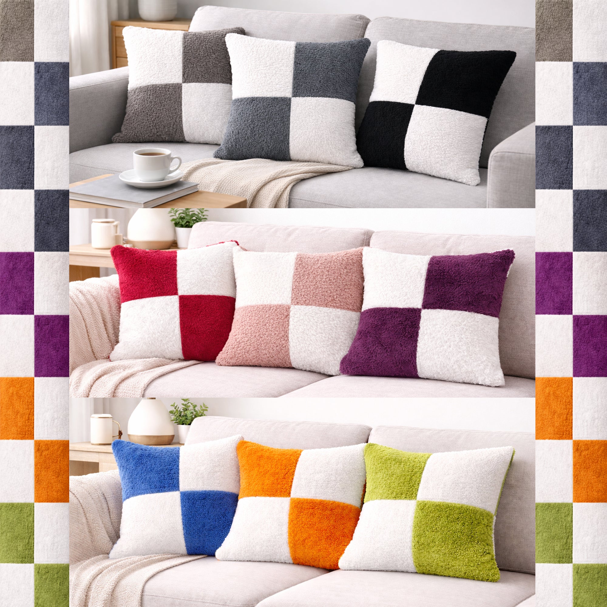 Teddy Fleece Square Check Cushion Covers (Multiple Colours, 45cm x 45cm)