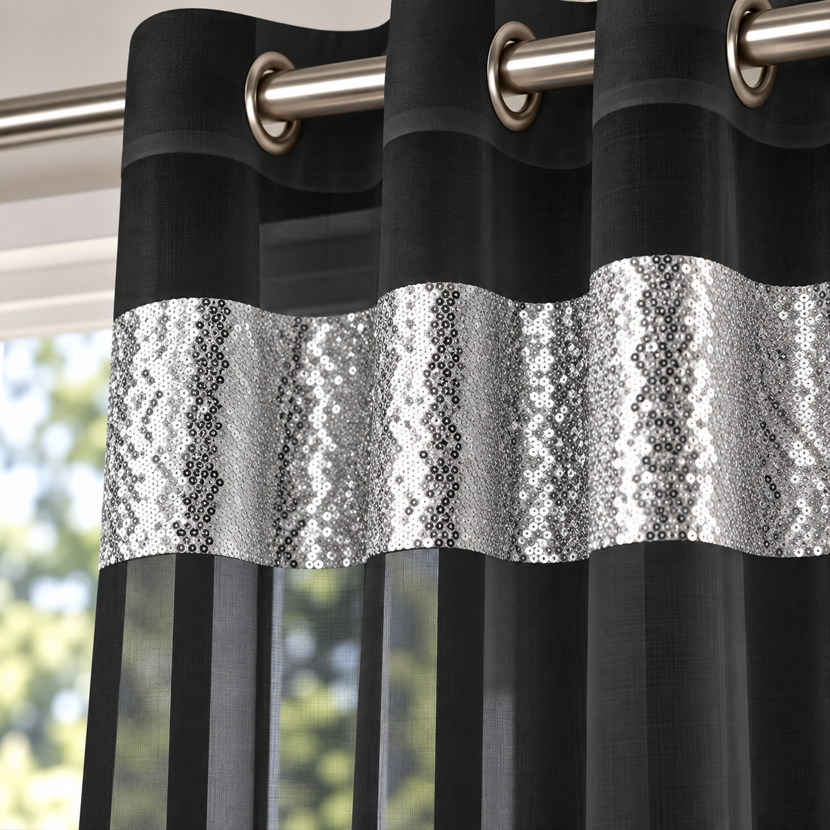 Sparkle Sequin Eyelet Voile Panel (Black)