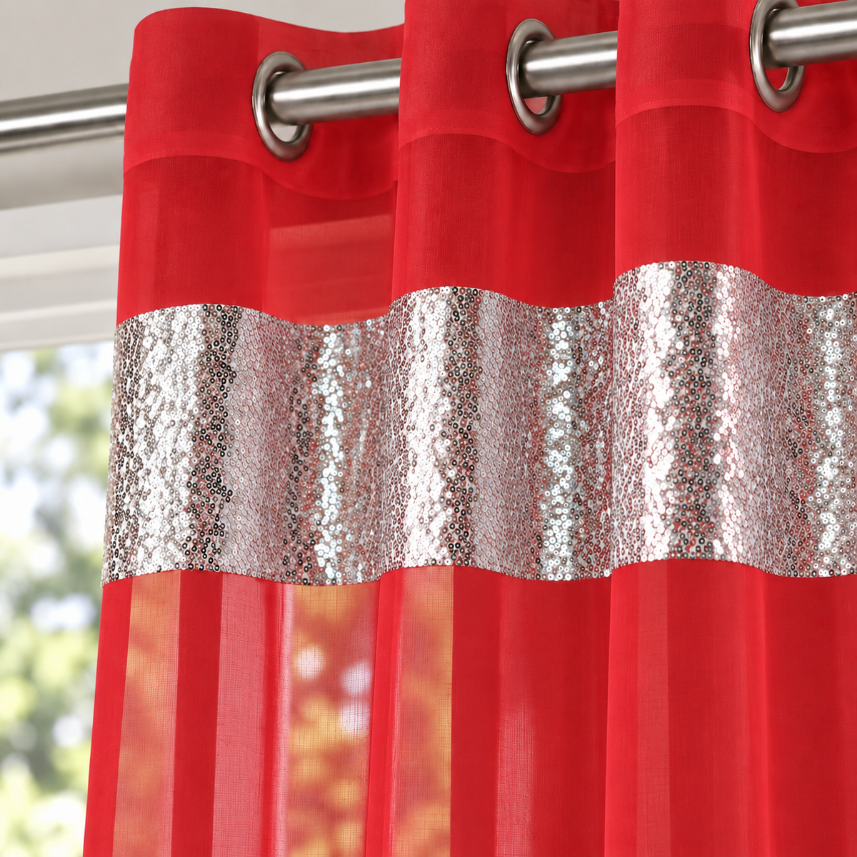 Sparkle Sequin Eyelet Voile Panel (Red)