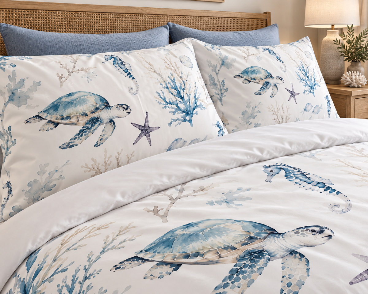 Coastal Digital Print Duvet Cover Set (Blue & White Marine Design)