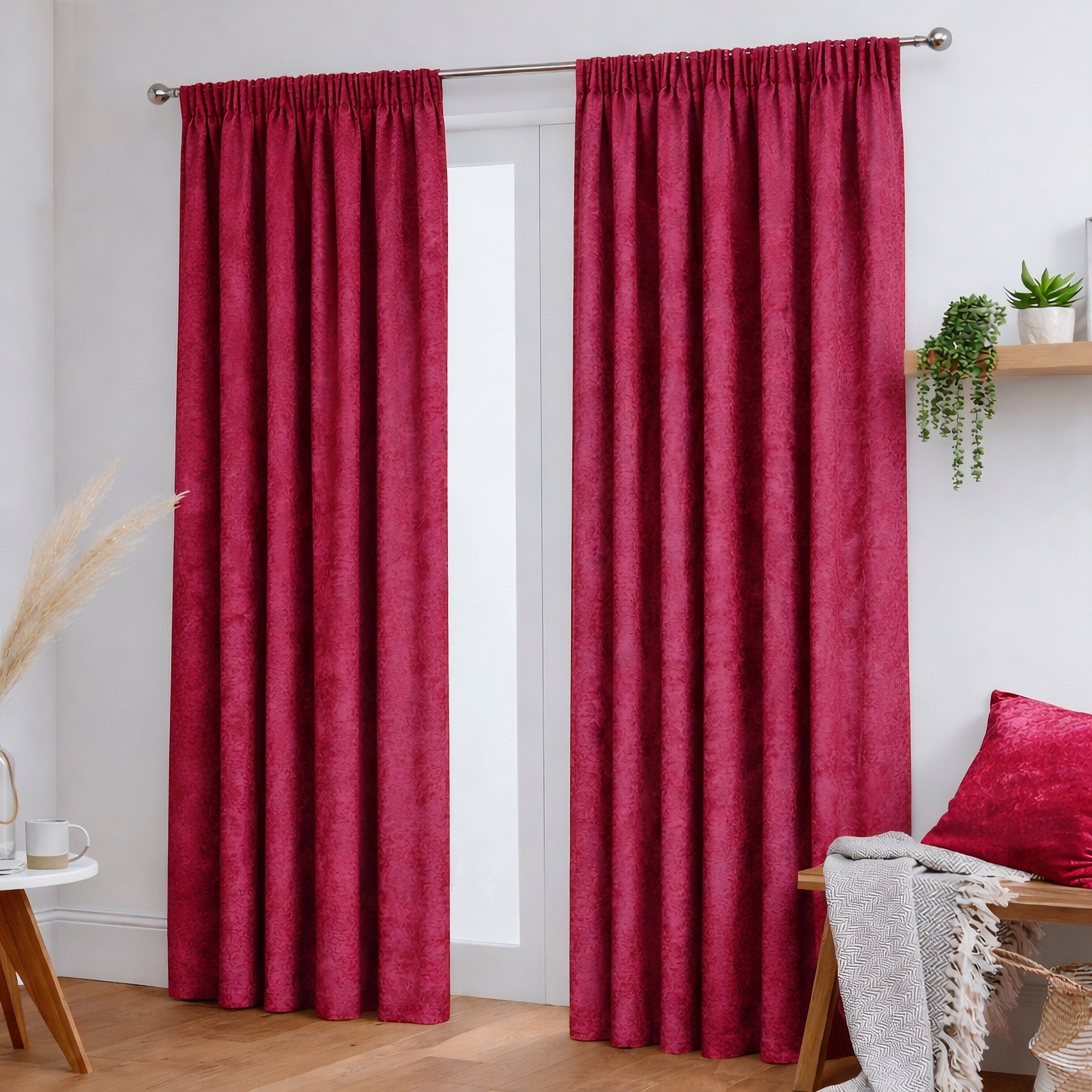 Crushed Velvet Fully Lined Ready Made Tape Top Curtains (Red)