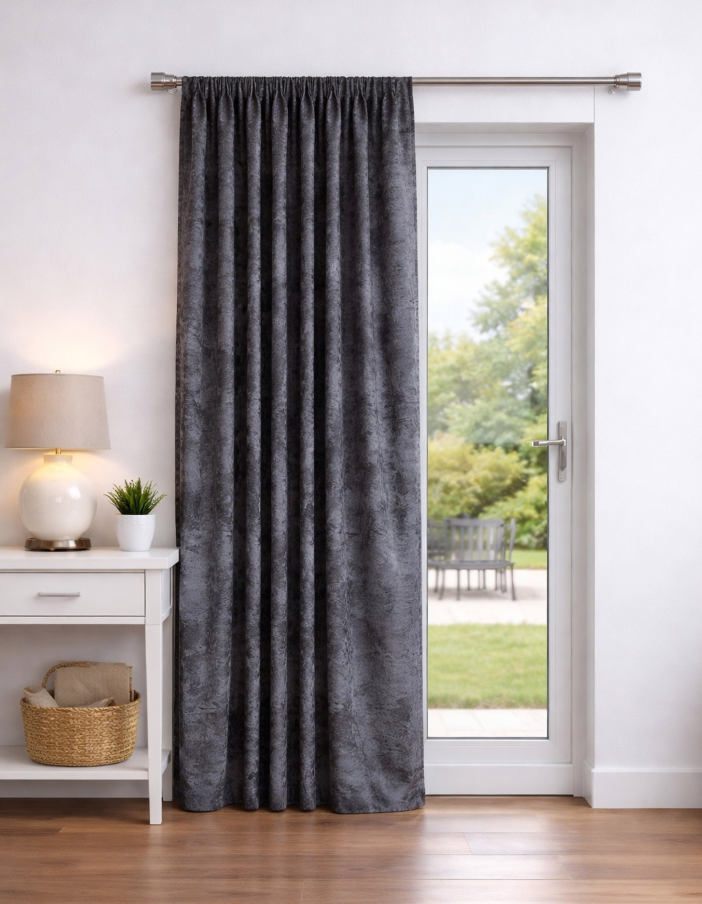 Crushed Velvet Fully Lined Ready Made Pencil Pleat Curtains (Dark Grey)