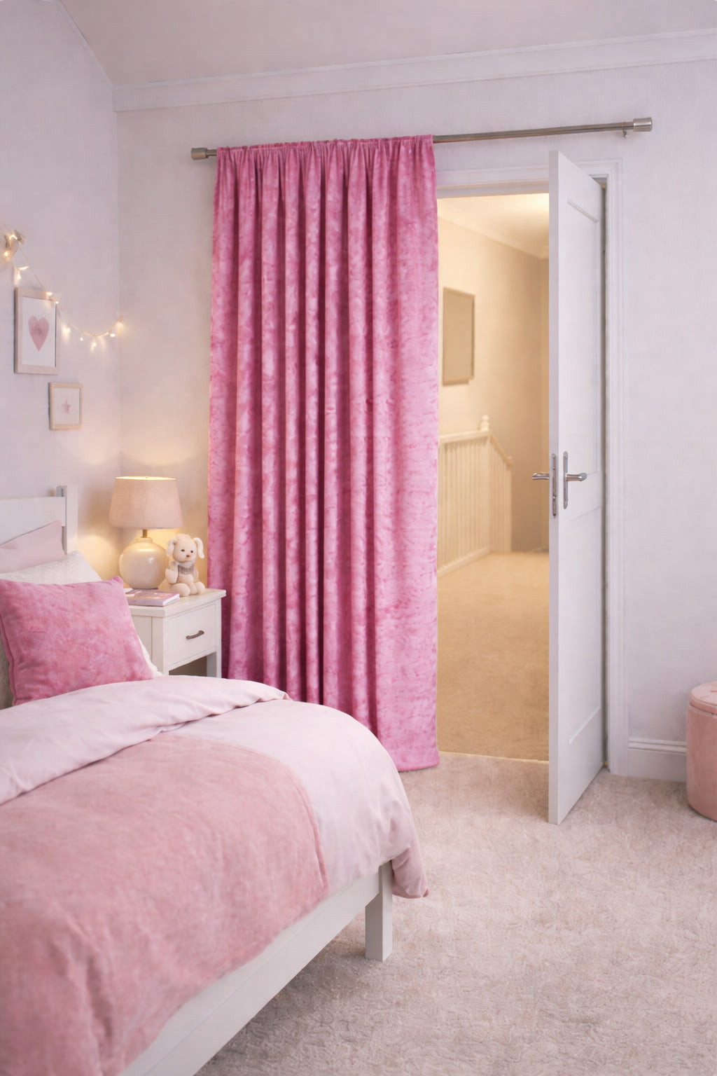 Crushed Velvet Fully Lined Ready Made Pencil Pleat Curtains (Pink)