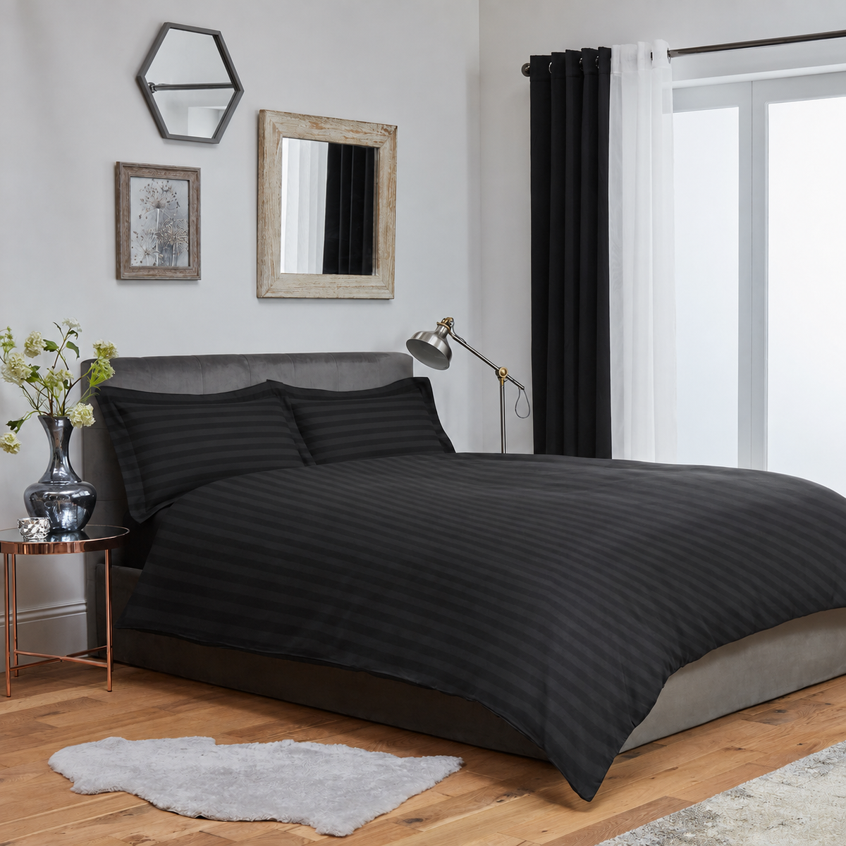 Striped Duvet Cover Bedding Set With Pillowcase (Black)