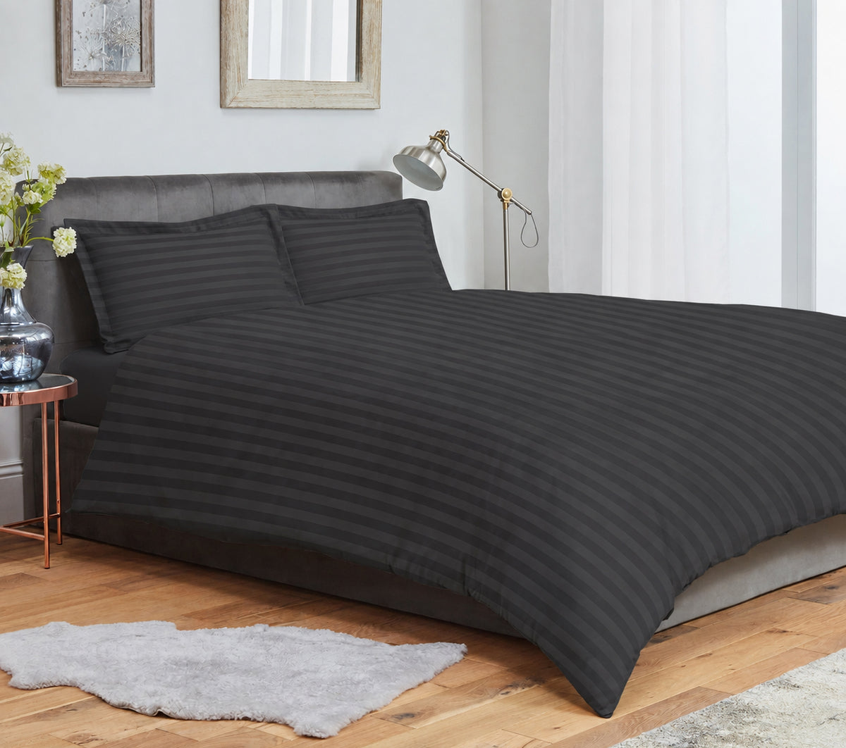 Striped Duvet Cover Bedding Set With Pillowcase (Grey)