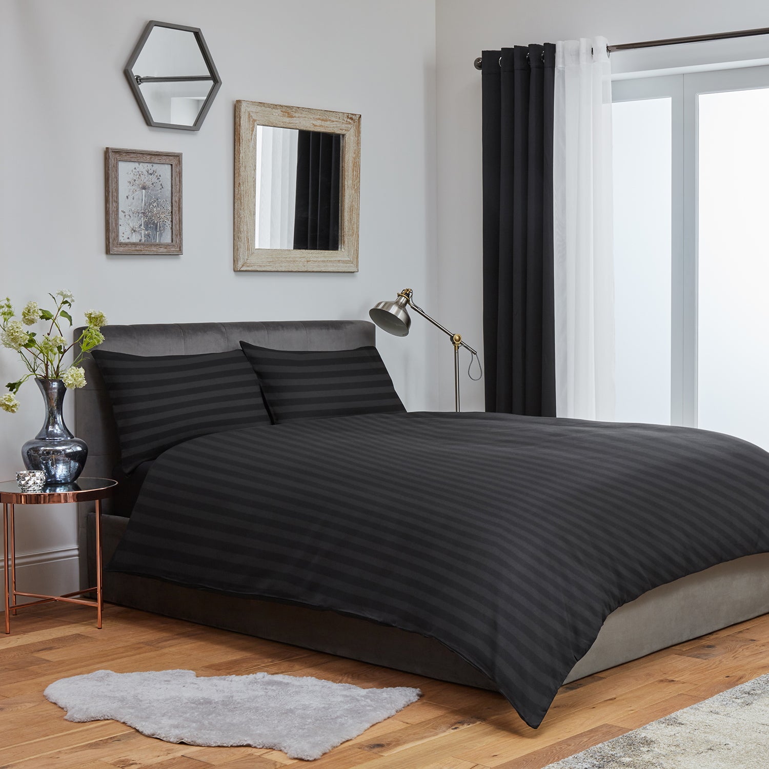 Striped Duvet Cover Bedding Set With Pillowcase (Black)