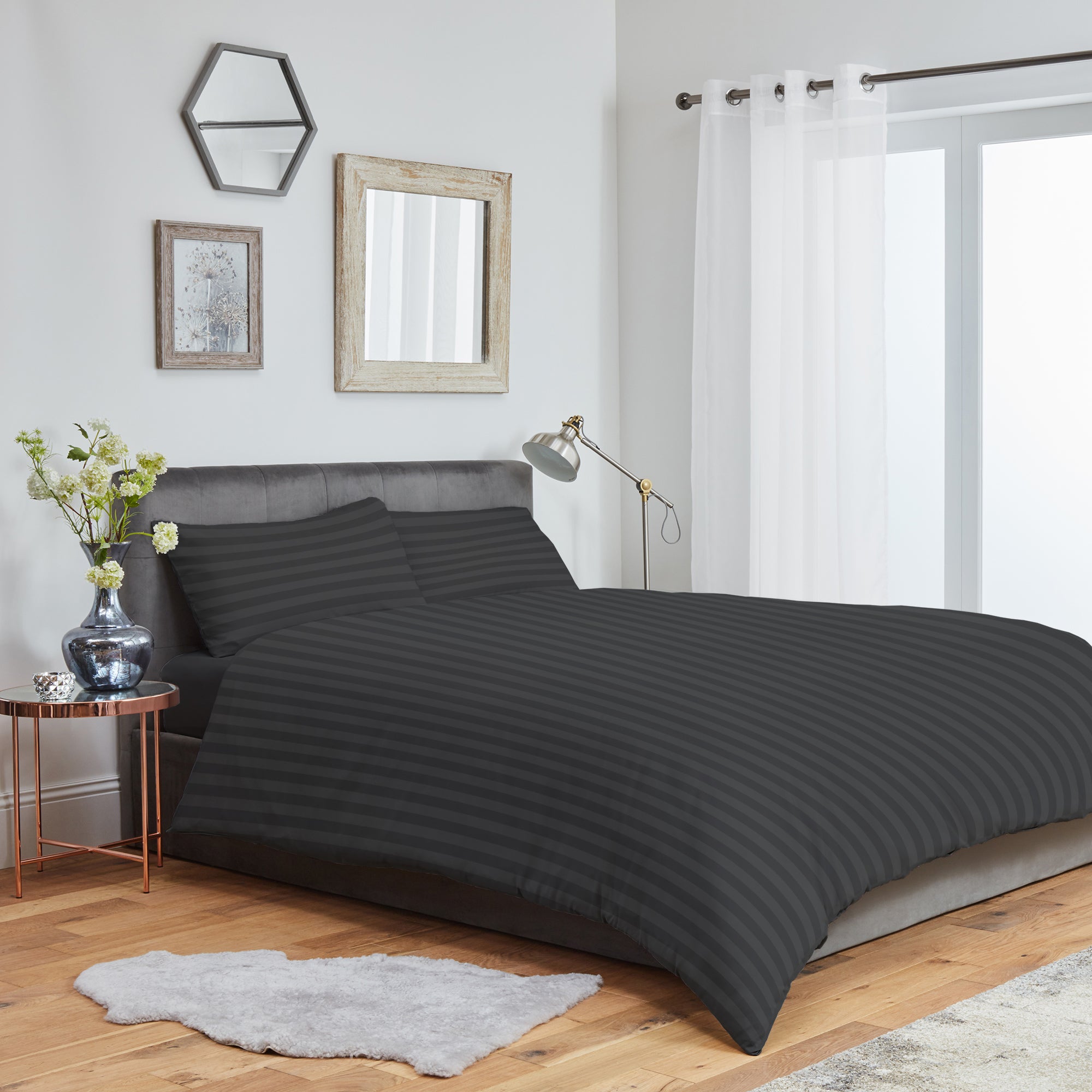 Striped Duvet Cover Bedding Set With Pillowcase (Grey)
