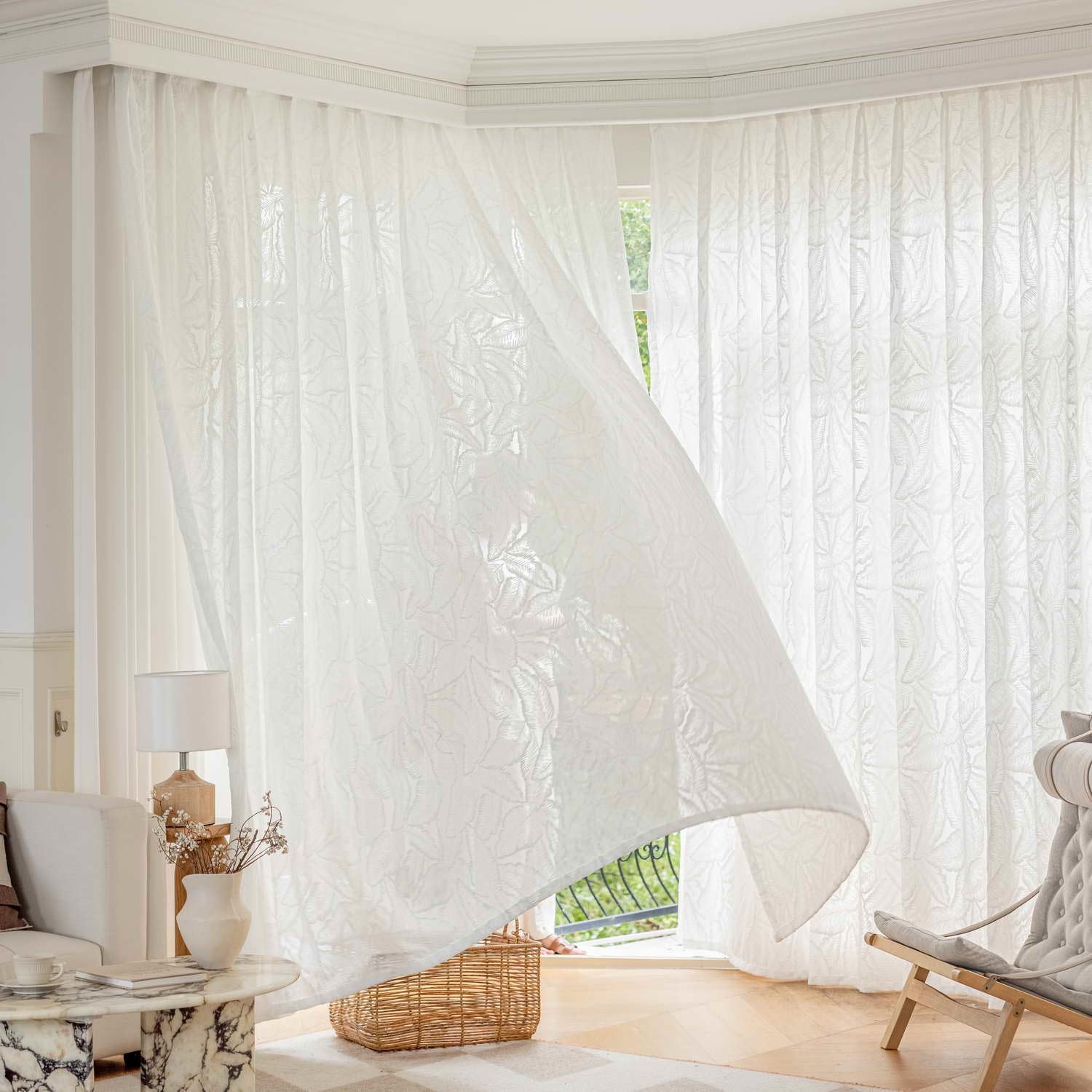 Eden Leaf Voile Eyelet Curtain Panel (White)