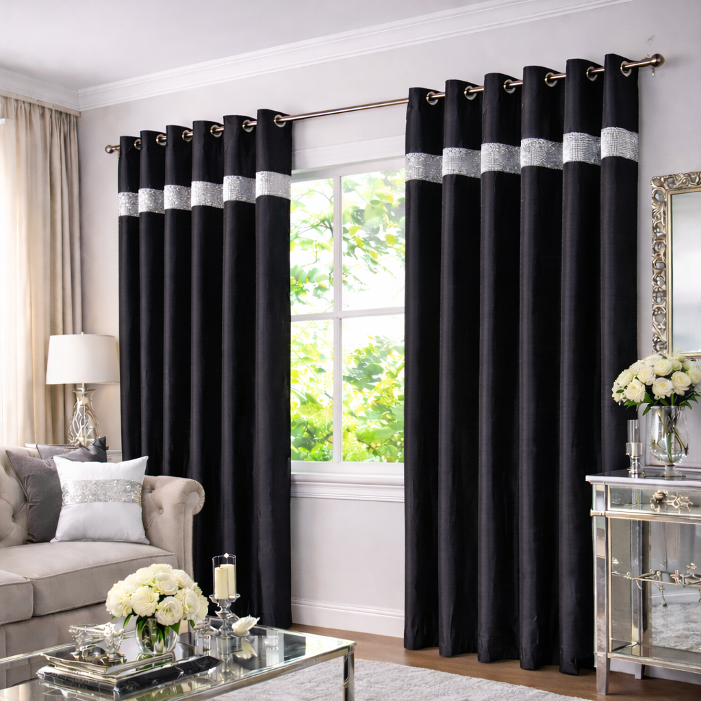 Lined Faux Silk Diamante Eyelet Curtains – Ready Made (Black)