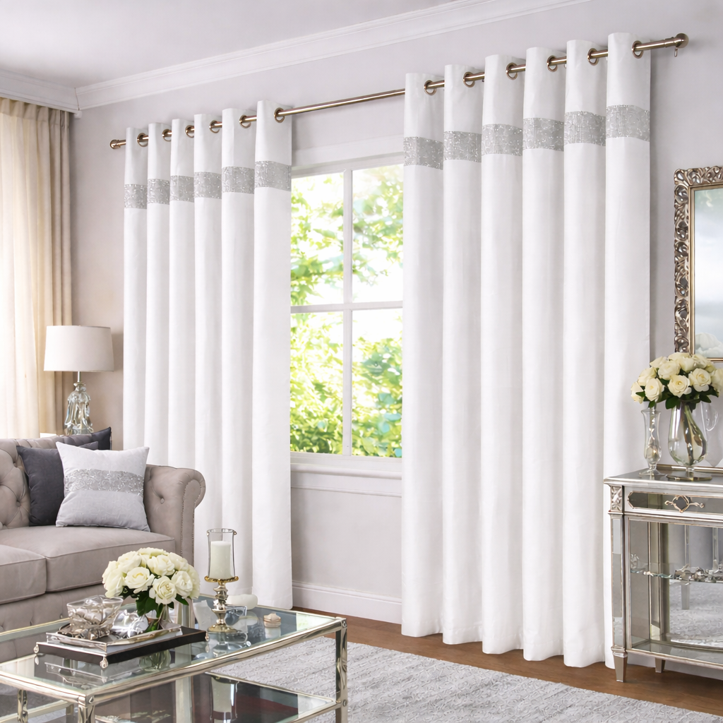 Lined Faux Silk Diamante Eyelet Curtains – Ready Made (White)