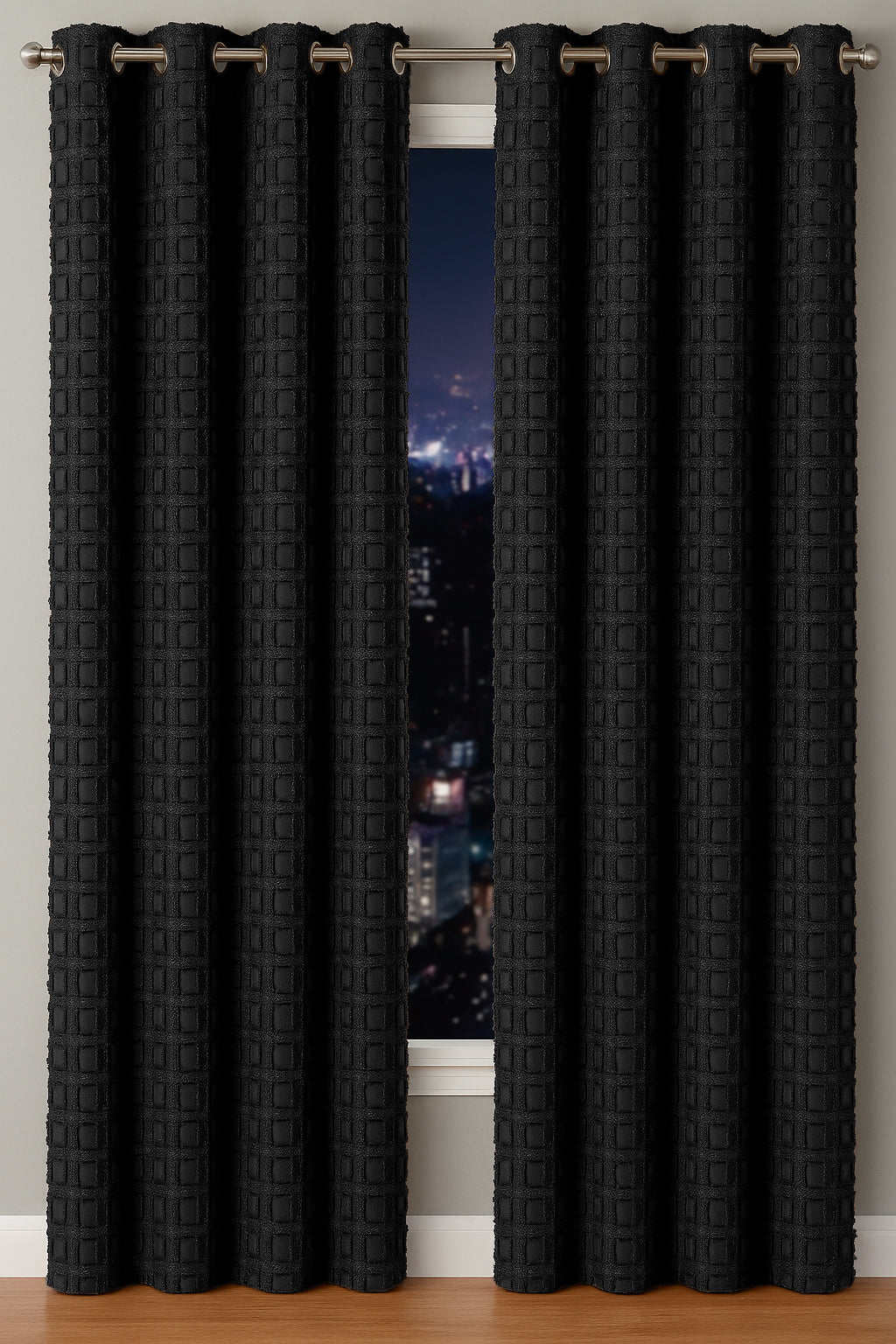 Elsa Square Fur Fabric Lined Eyelet Curtains (Black)