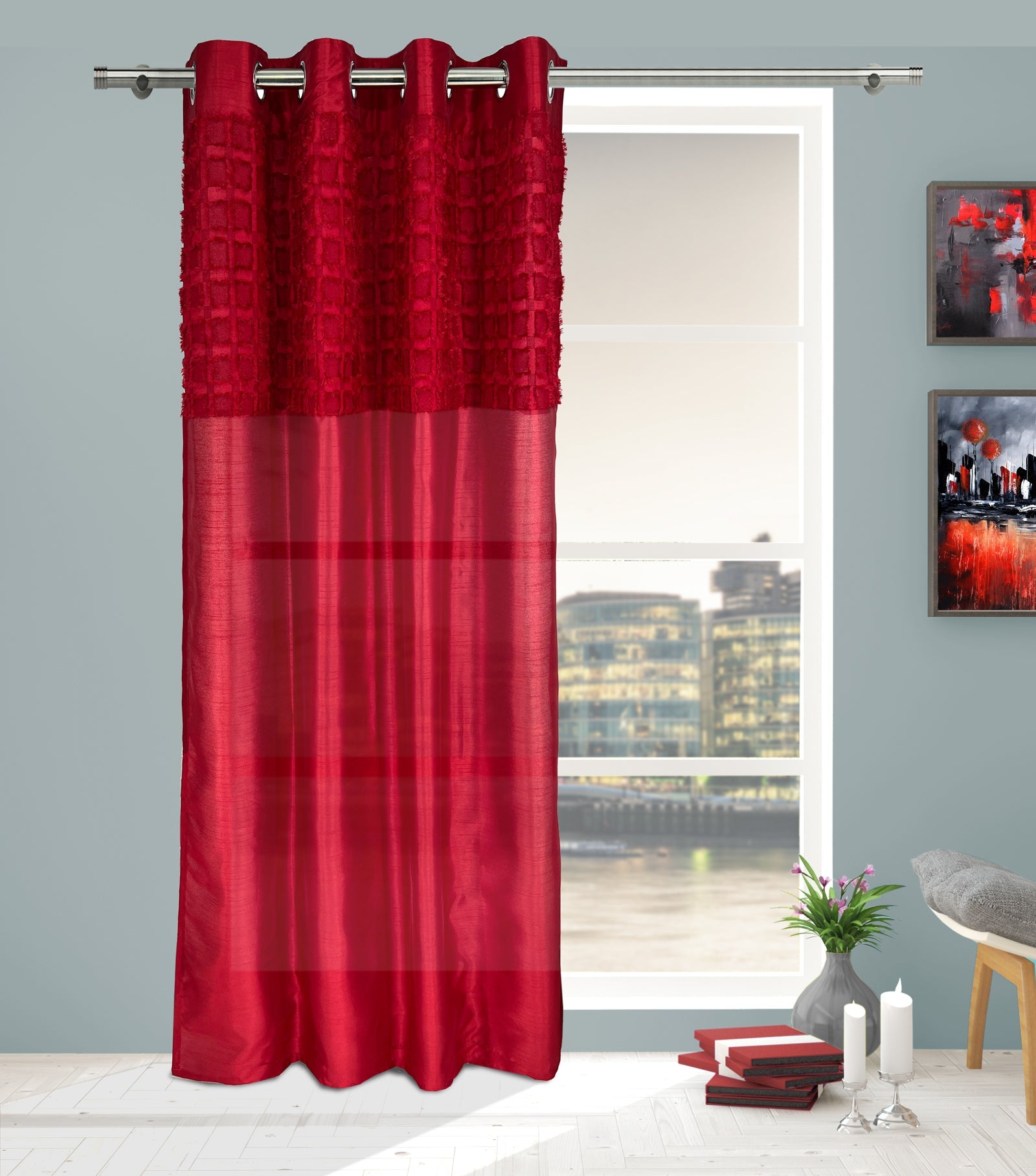 Elsa Red Faux Silk Eyelet Curtain Panel With Luxurious Fur Top