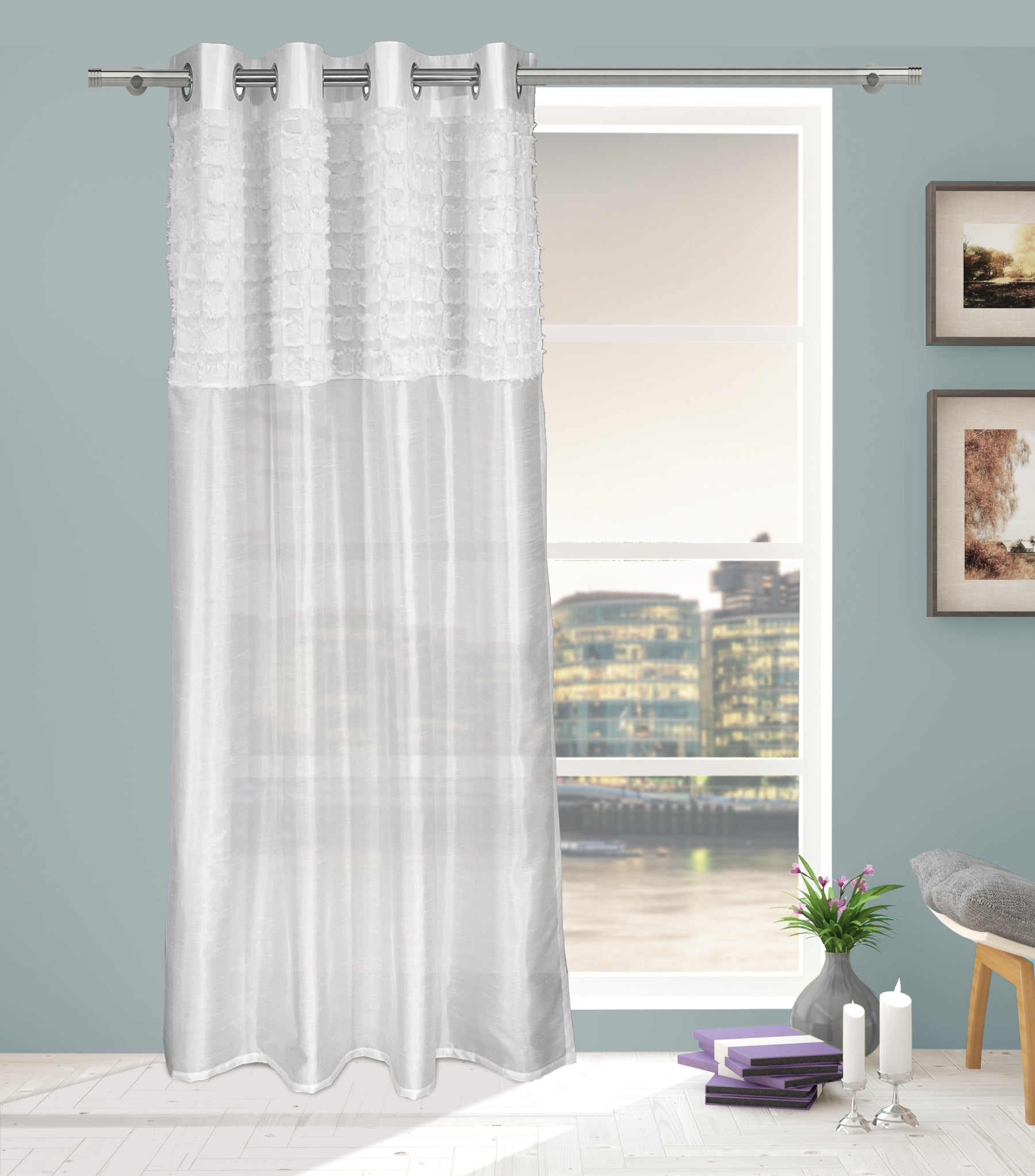 Elsa White Faux Silk Eyelet Curtain Panel With Luxurious Fur Top