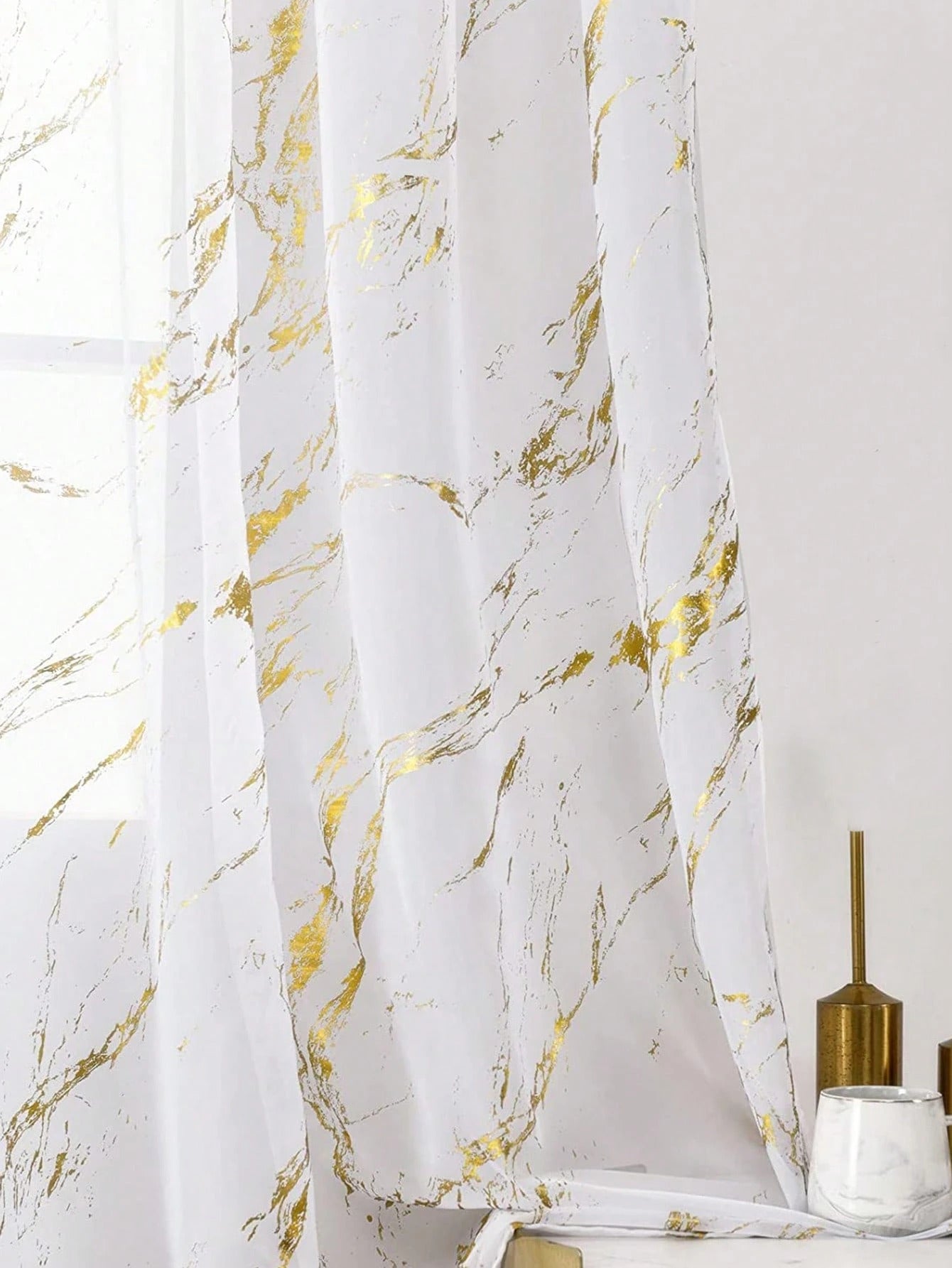Elyse Marble Design Slot Top Voile Panel With Gold Foil
