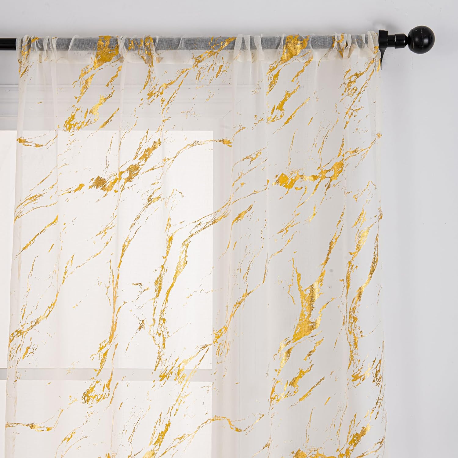 Elyse Marble Design Slot Top Voile Panel With Gold Foil
