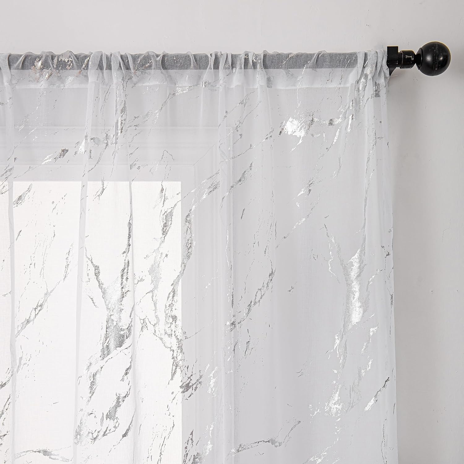 Elyse Marble Design Slot Top Voile Panel With Silver Foil