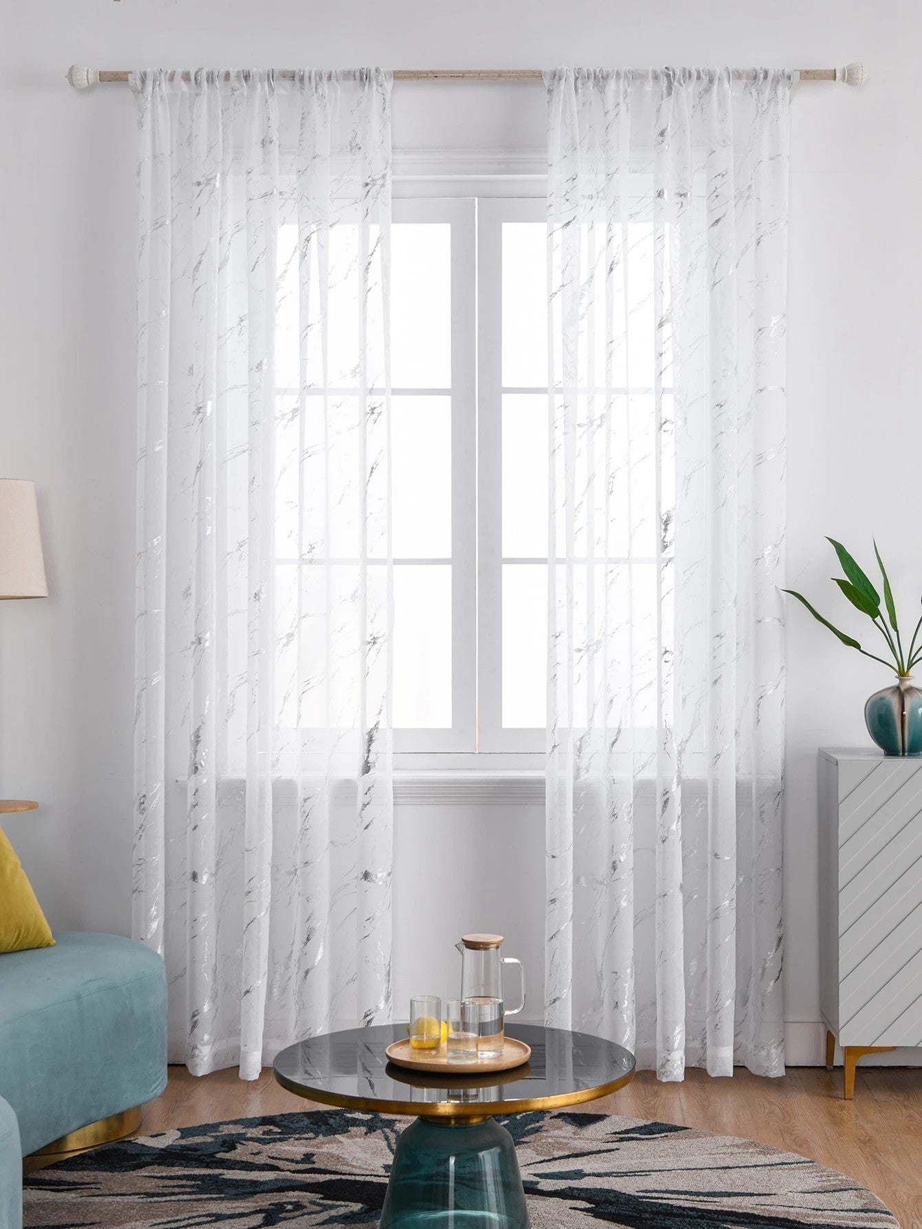 Elyse Marble Design Slot Top Voile Panel With Silver Foil