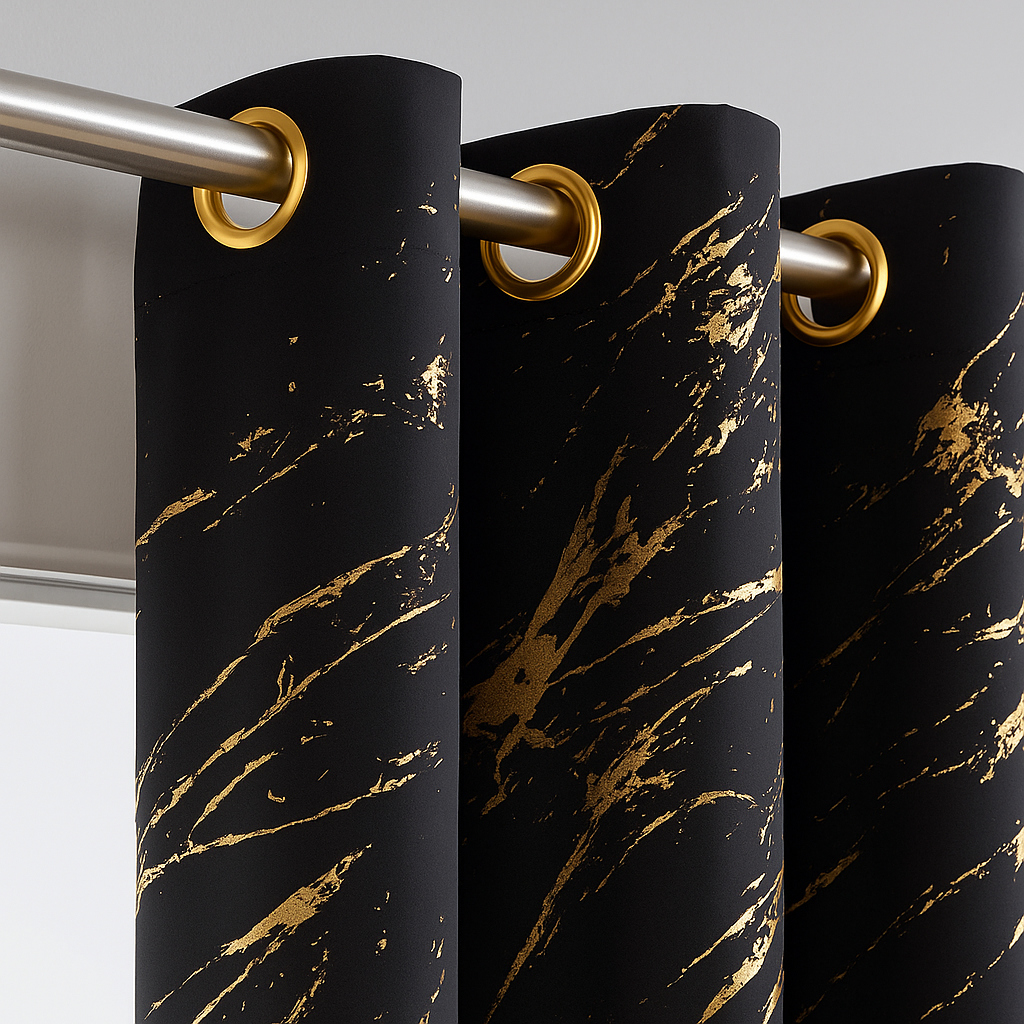 Elyse Black Thermal Blackout Eyelet Curtains With Gold Foil (Black/Gold)