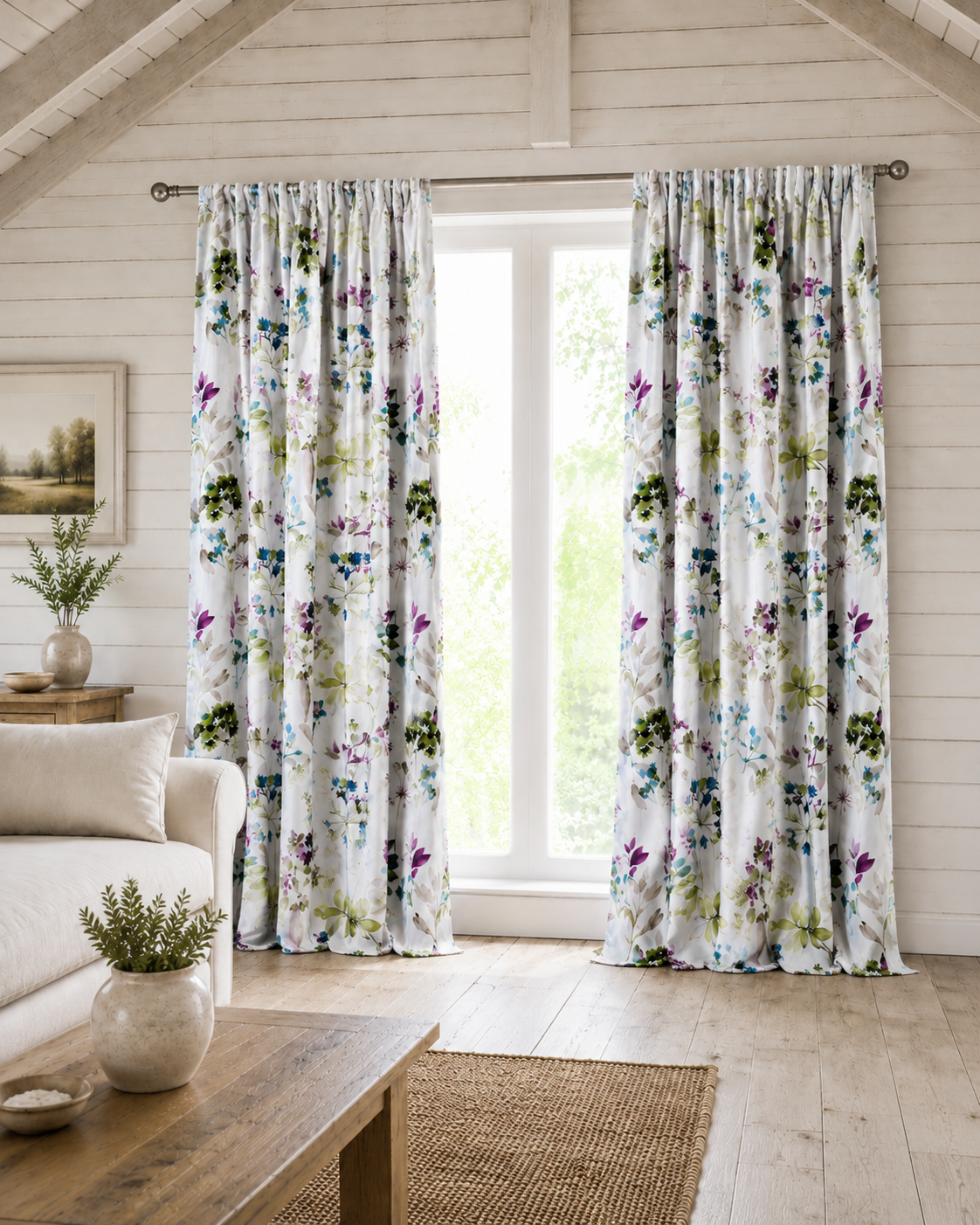 Emma Floral Botanical Pencil Pleat 3" Tape Top Thermal Curtains Watercolour Print Ready Made Pair
