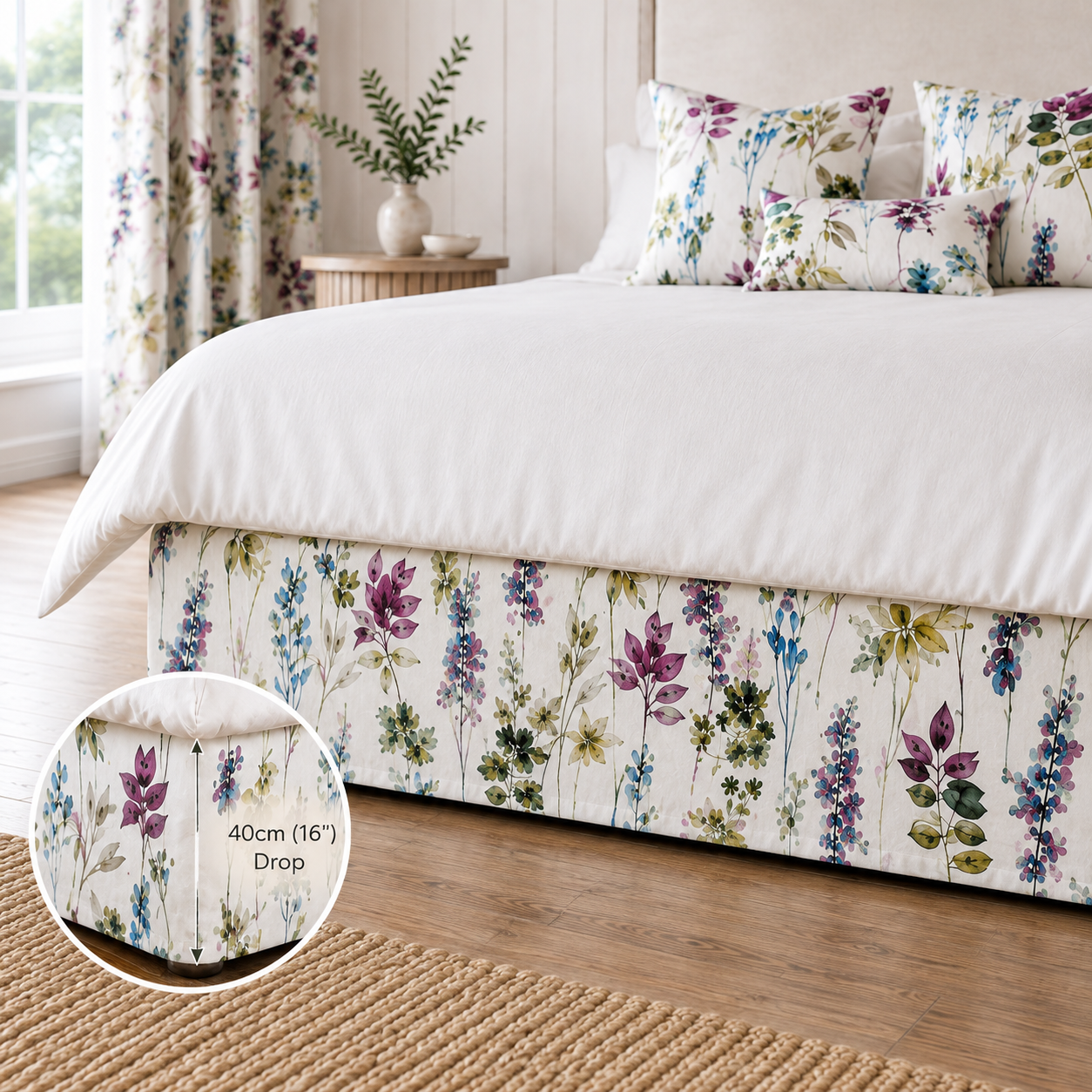 Emma Floral Botanical Watercolour Print Divan Bed Base Cover Valance