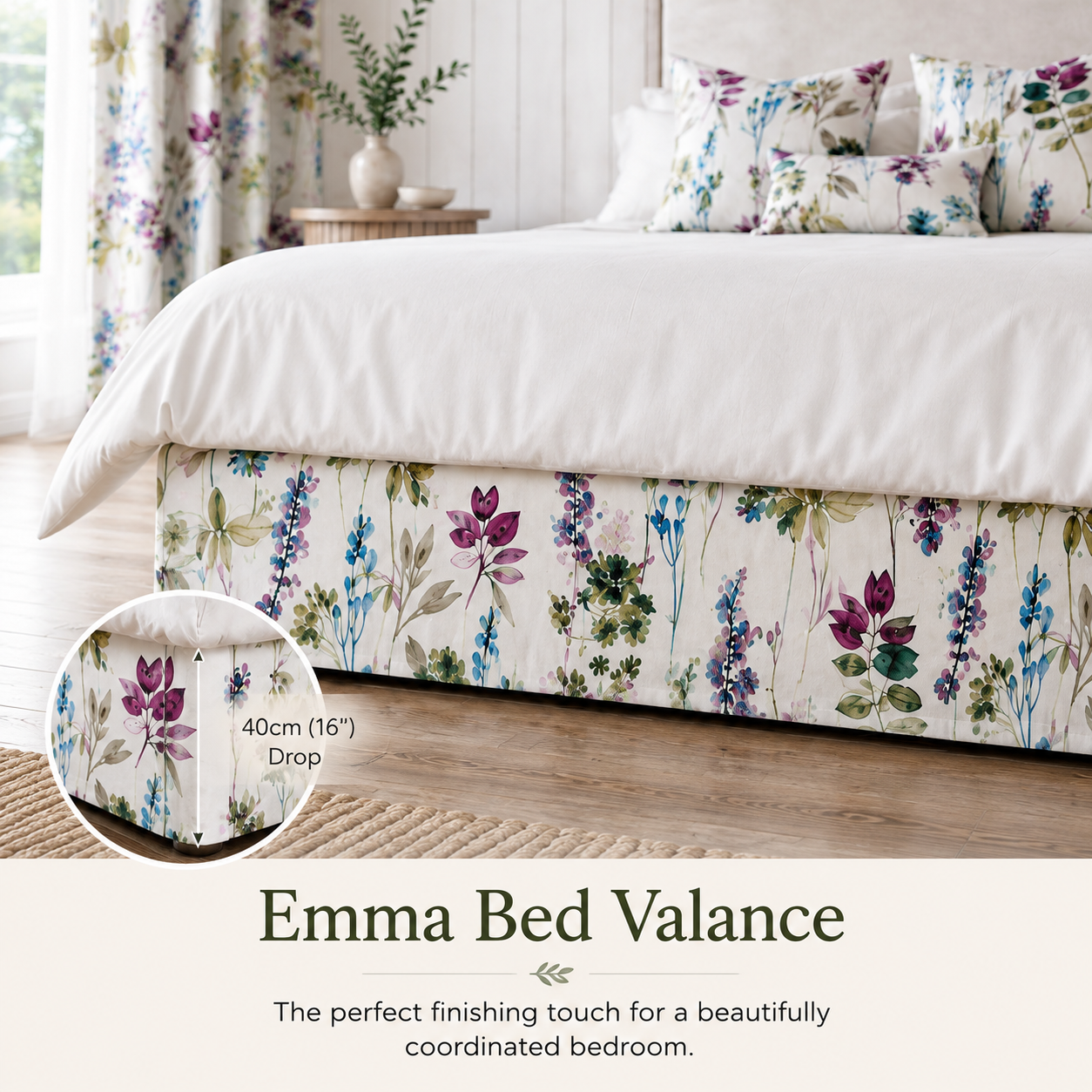 Emma Floral Botanical Watercolour Print Divan Bed Base Cover Valance