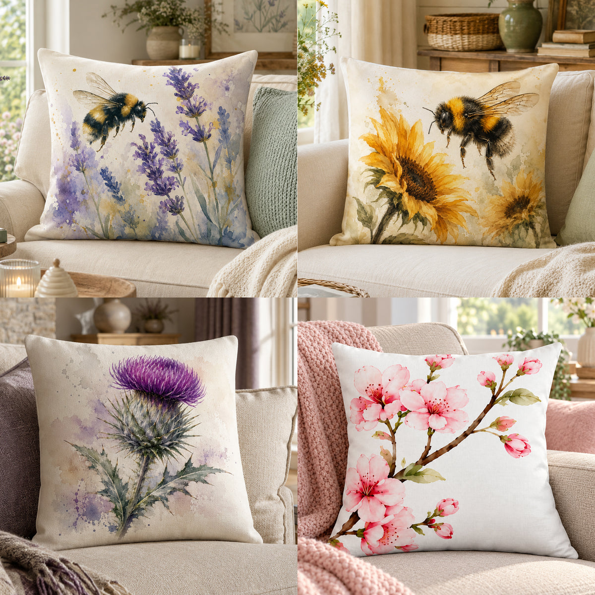 Bumblebee & Lavender Print Cushion Cover – Watercolour - Style Design – Purple & Cream – 18" × 18"