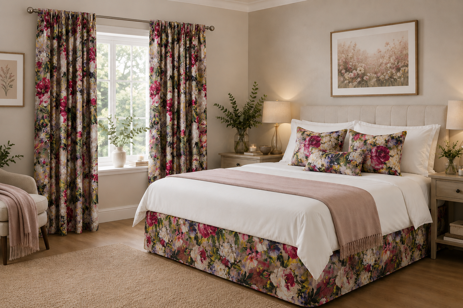 Florence Painterly Floral Thermal Blackout Pencil Pleat 3" Tape Curtains, Ready Made Energy-Saving Dimout Curtain Pair, Pink Burgundy Cream & Lilac, Multiple Sizes