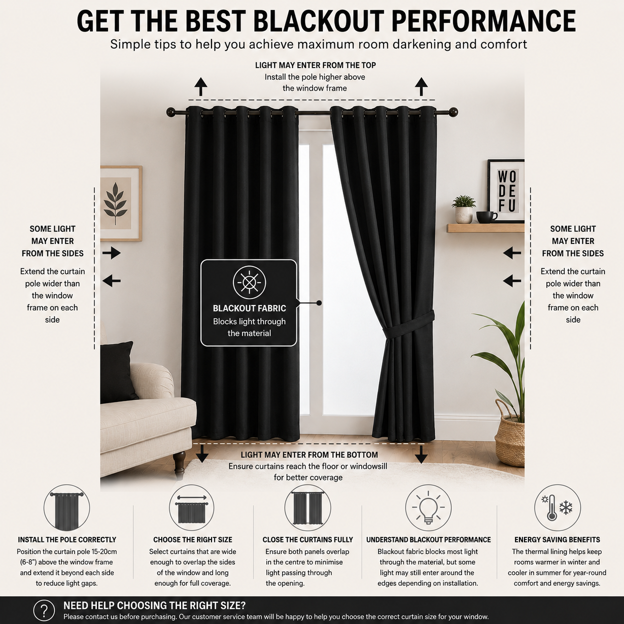 Thermal Blackout Ready Made Eyelet Curtains + Tie Backs (Black)