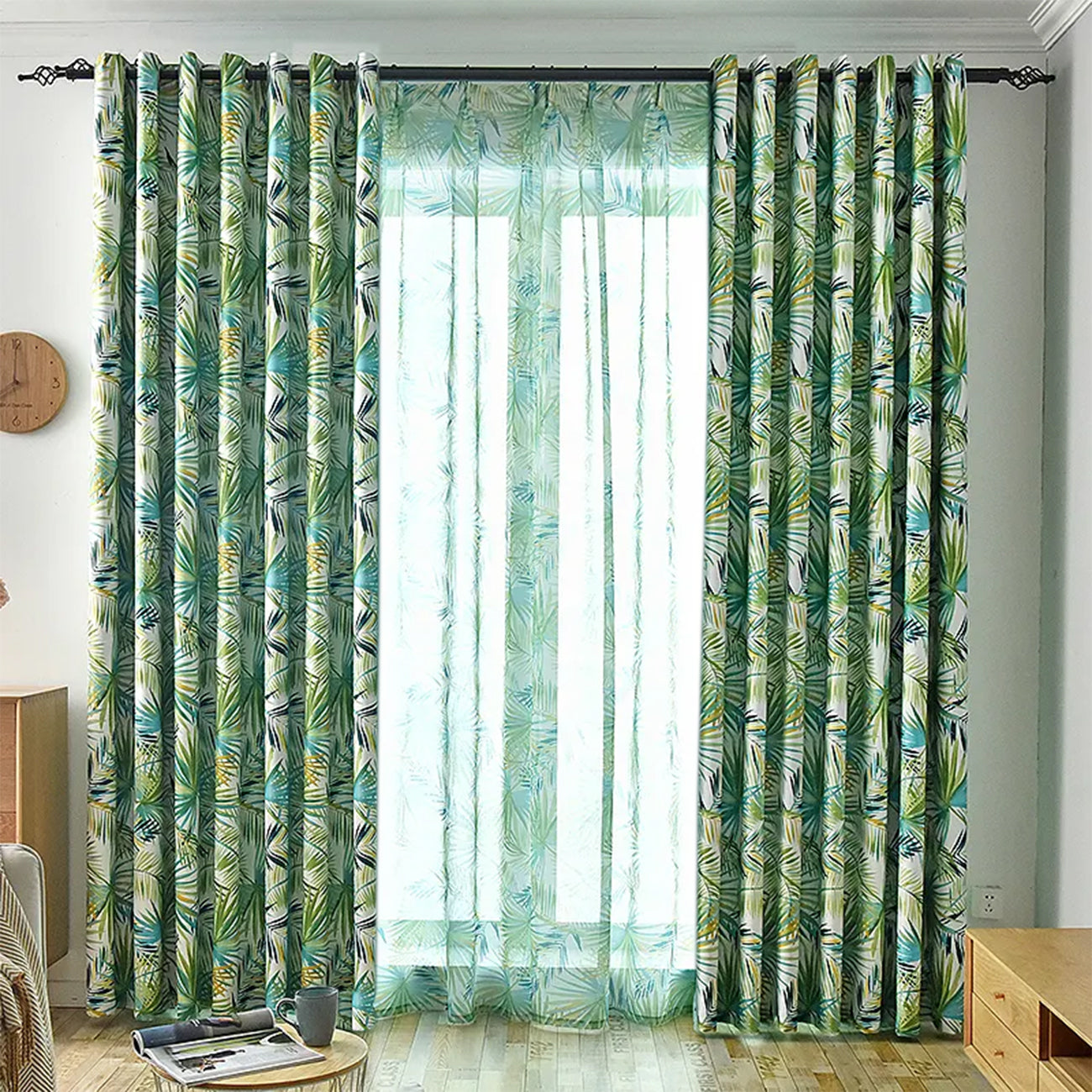Tropical Leaves Eyelet Curtain Set (Green)