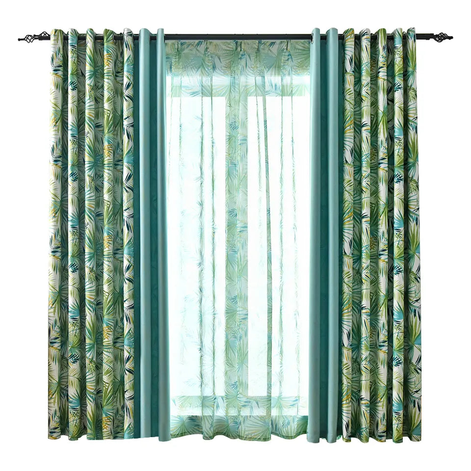 Tropical Leaves Eyelet Curtain Set (Green)