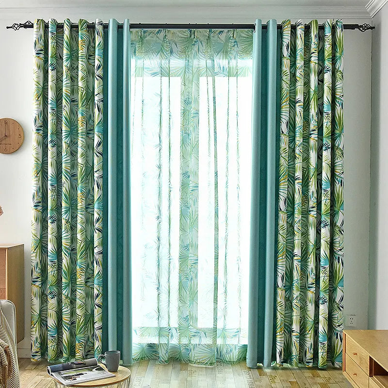 Tropical Leaves Eyelet Curtain Set (Green)