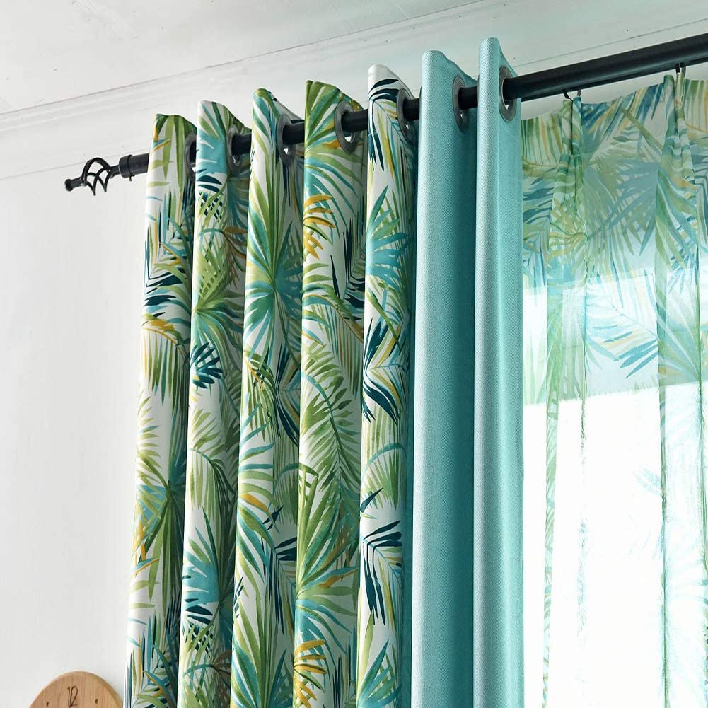 Tropical Leaves Eyelet Curtain Set (Green)